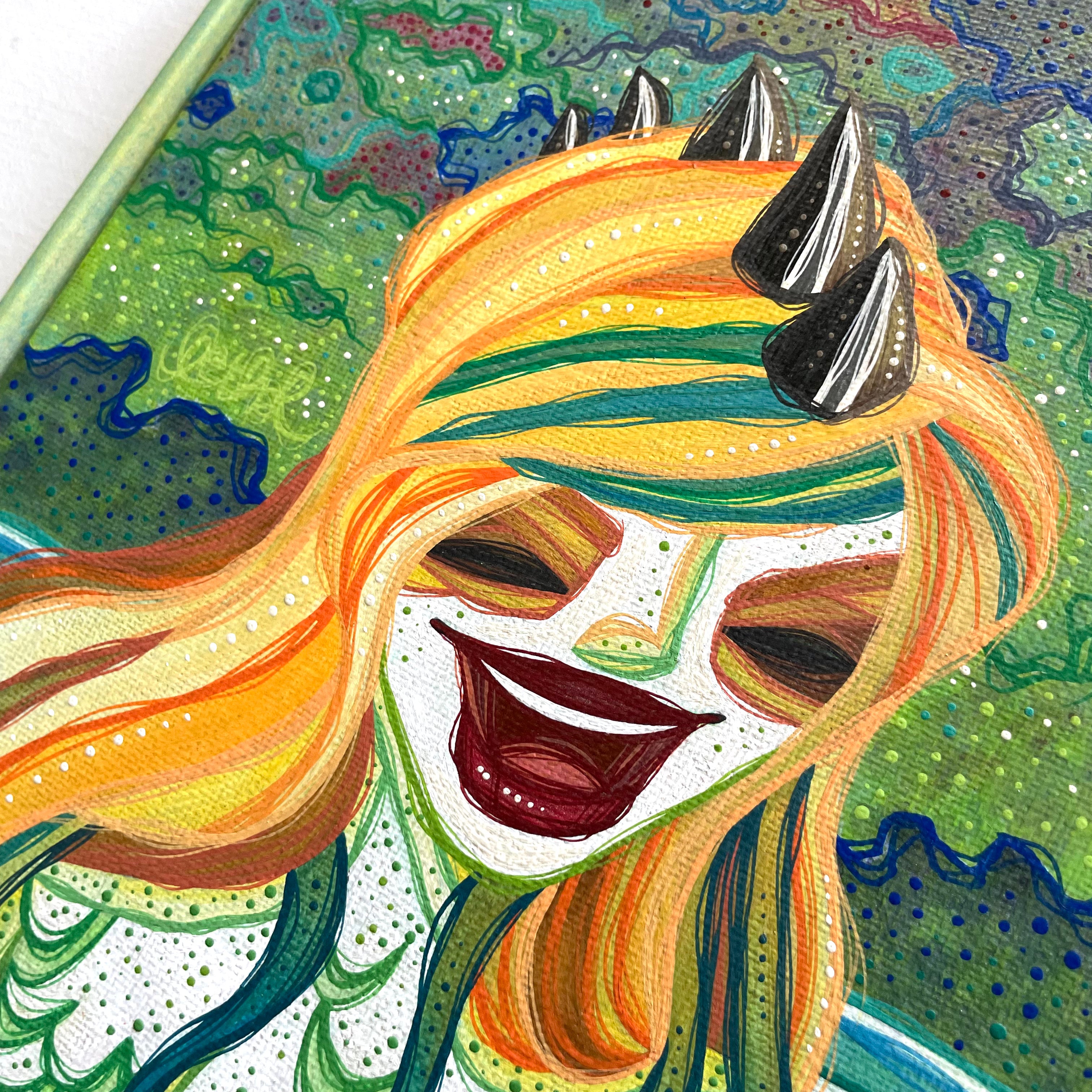 Colorful illustration of a swamp girl's face with long hair and sharp horns on a patterned background.