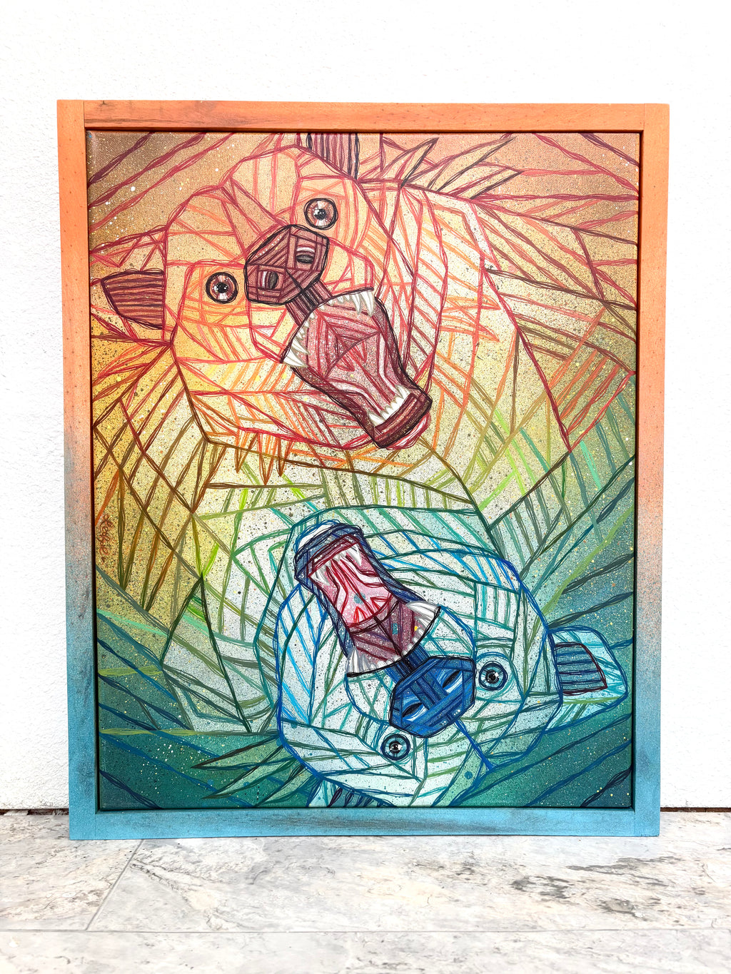 Colorful abstract artwork of two grizzly bears mirrored in colored gradients faded from orange to teal colors
