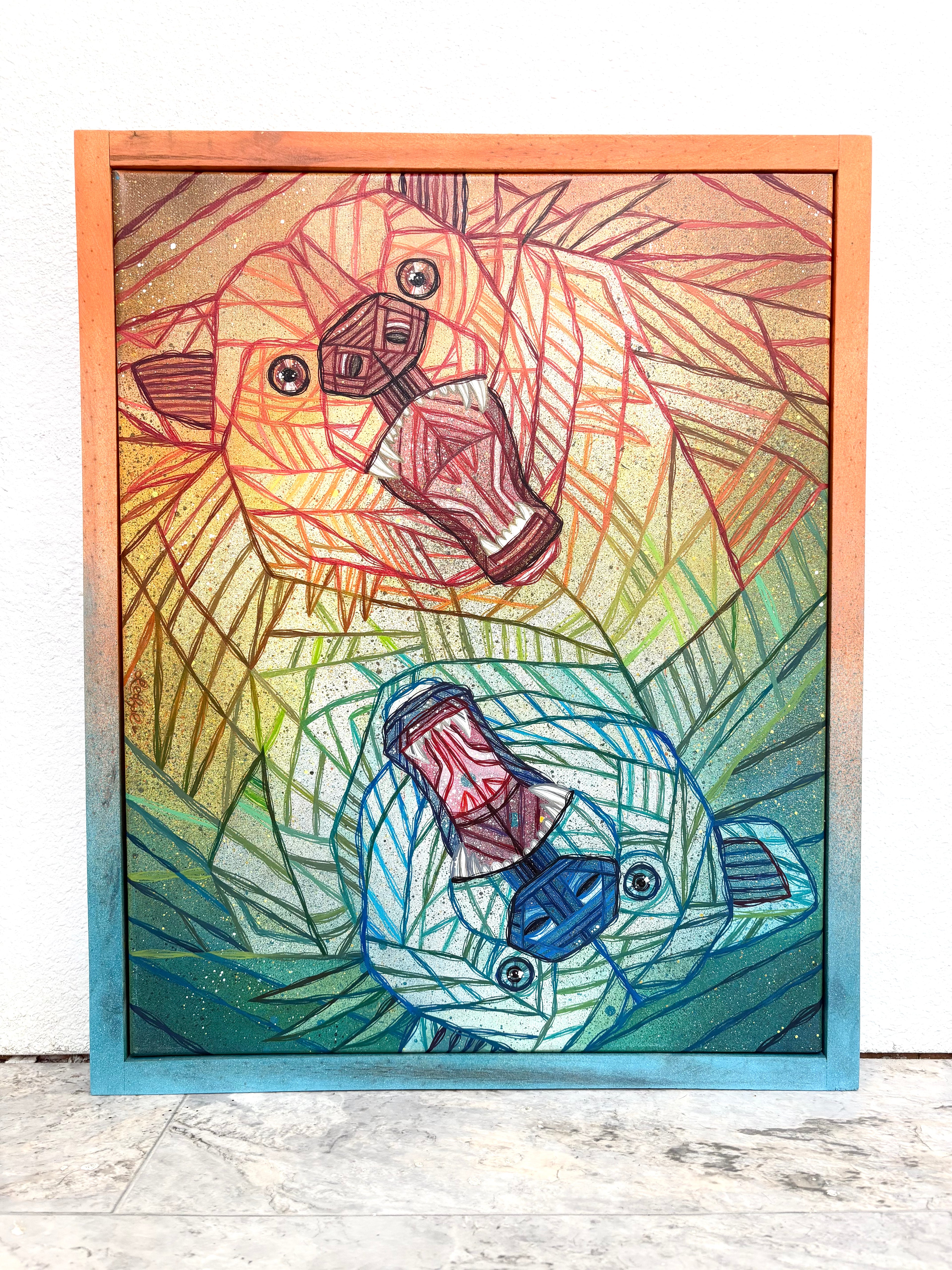 Colorful abstract artwork of two grizzly bears mirrored in colored gradients faded from orange to teal colors