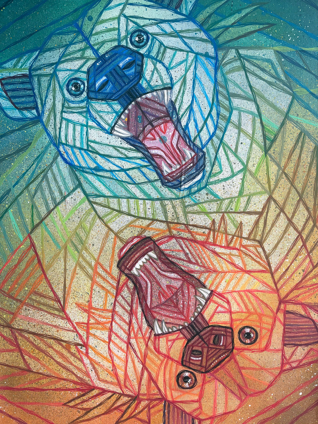 Colorful abstract artwork of two bears with a textured canvas