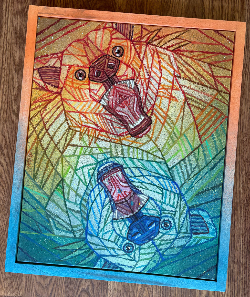 Colorful abstract art piece with two bears in a faded custom wood frame