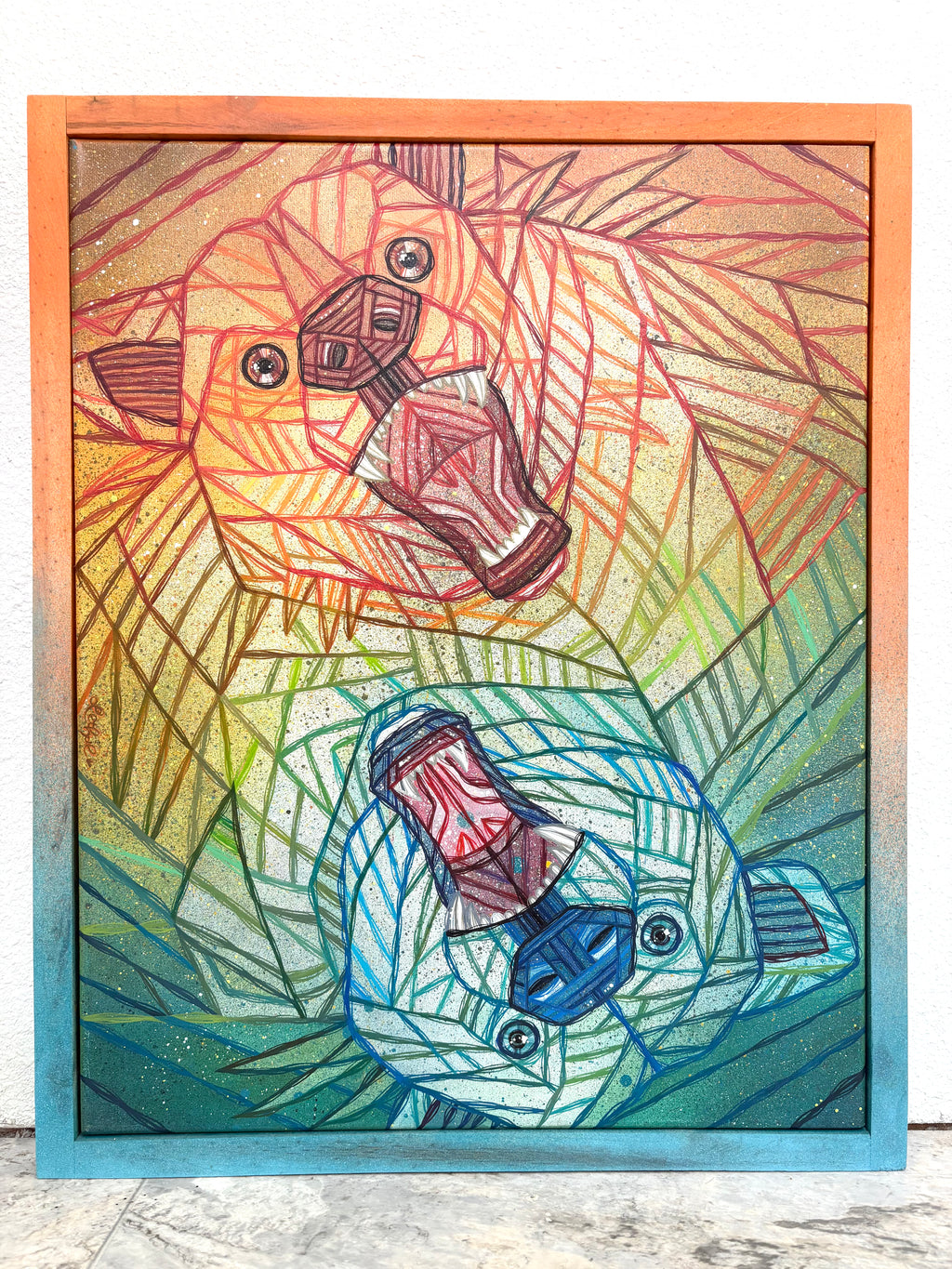 Colorful wildlife grizzly bear abstract art piece with geometric patterns on a wooden frame.