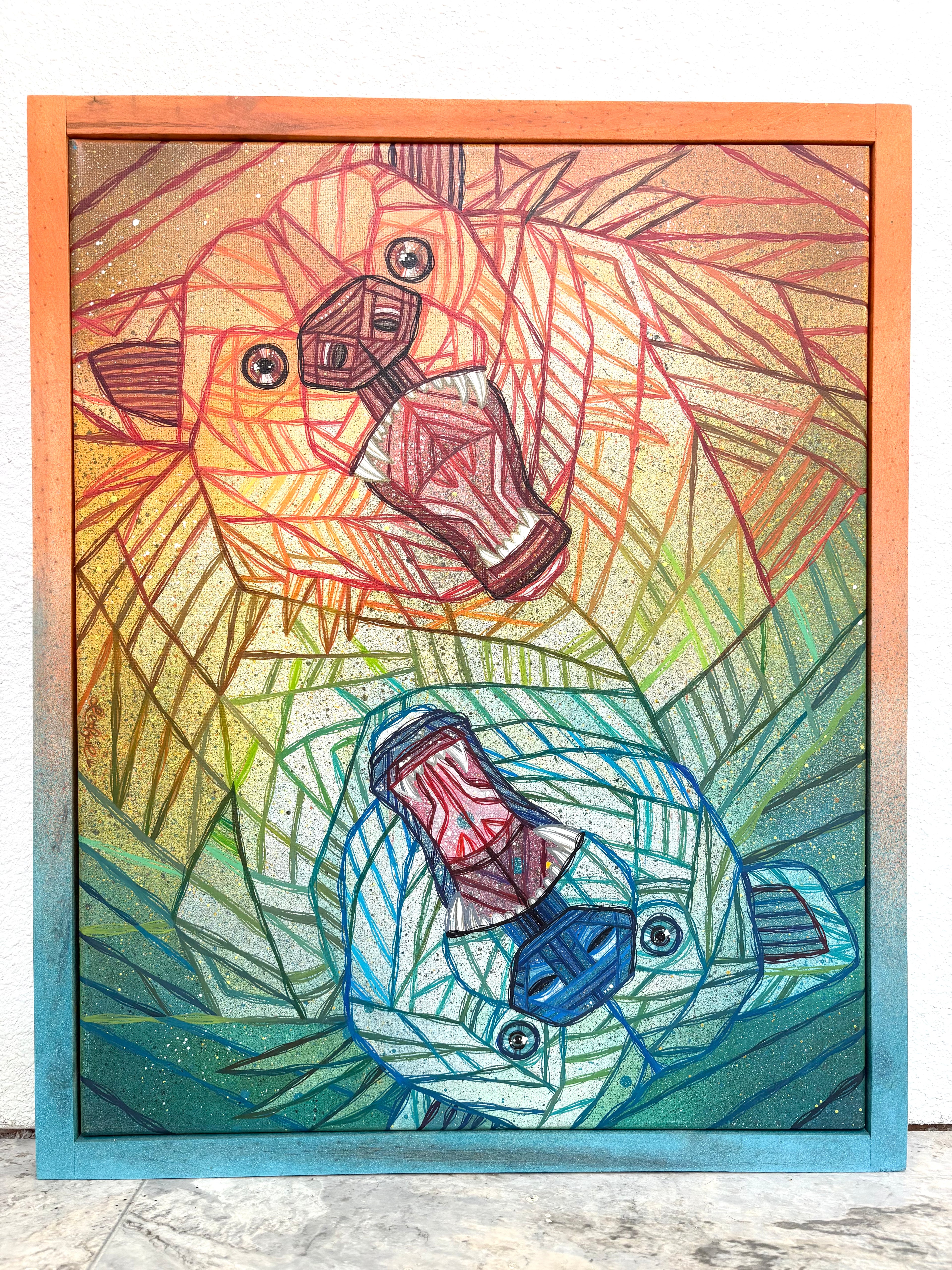 Colorful wildlife grizzly bear abstract art piece with geometric patterns on a wooden frame.