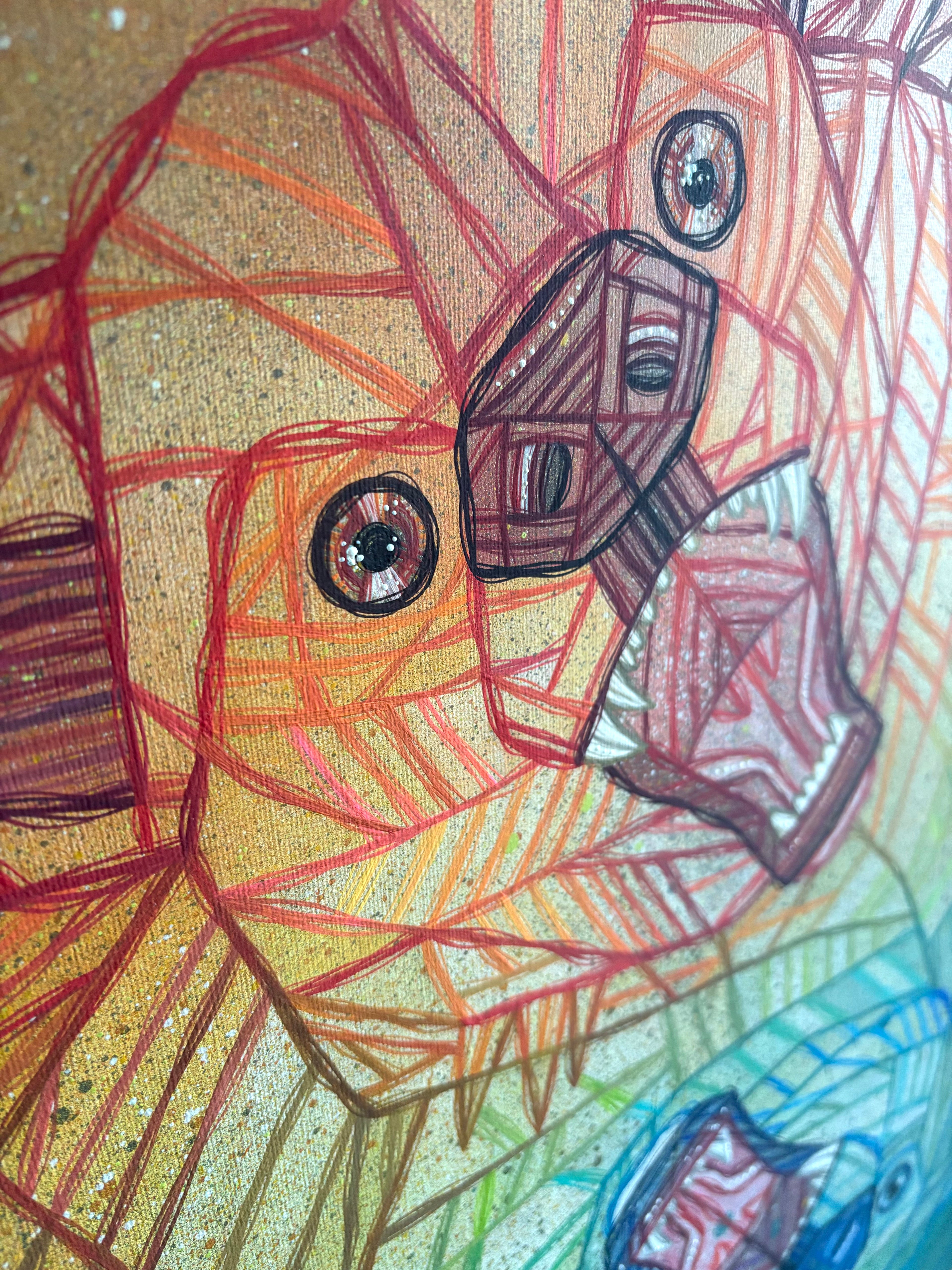 Colorful abstract artwork with geometric patterns and shapes of a bear face