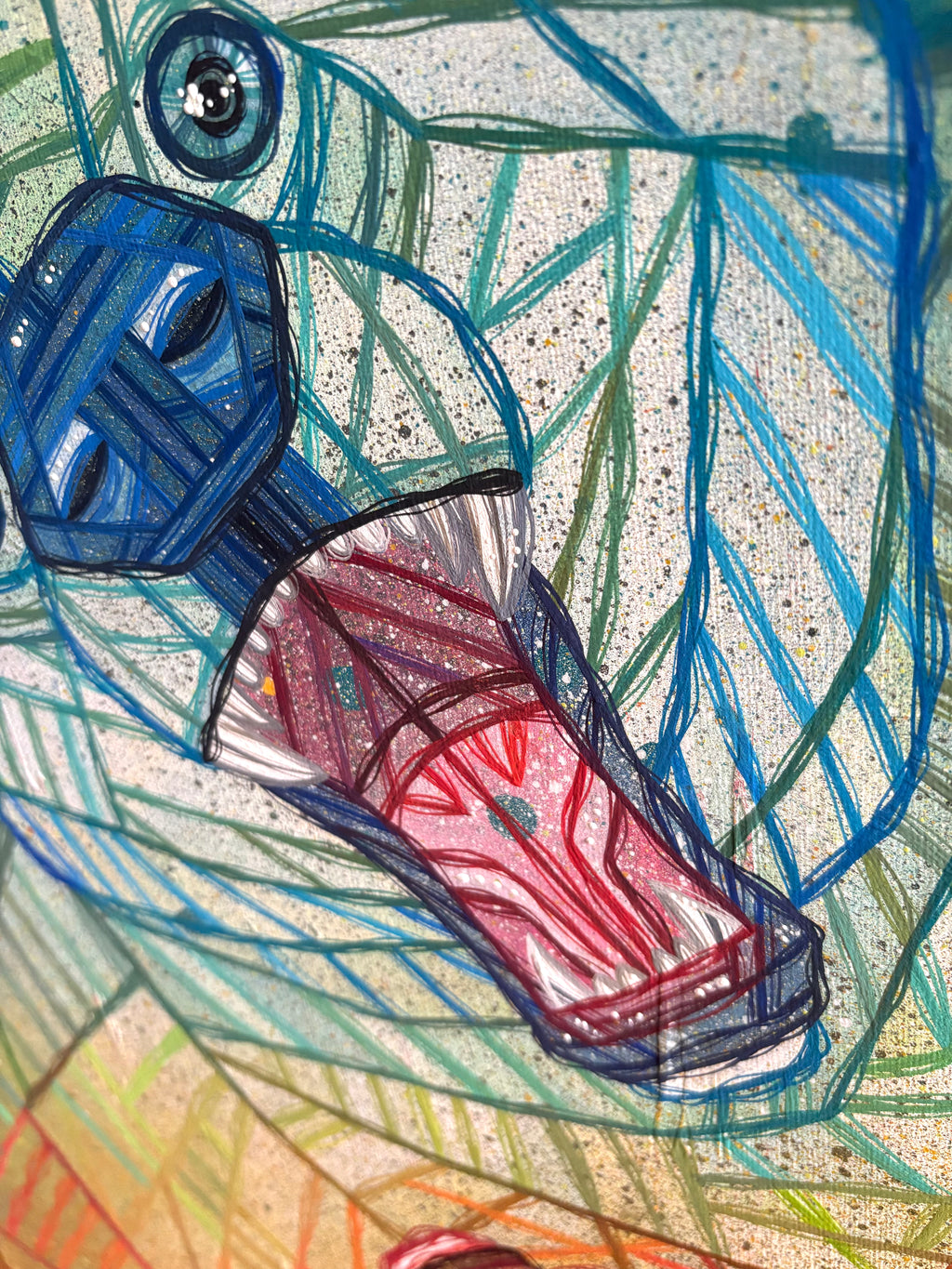 Colorful abstract drawing of a bear mouth with blue and red tones on a canvas by Ash Lethal