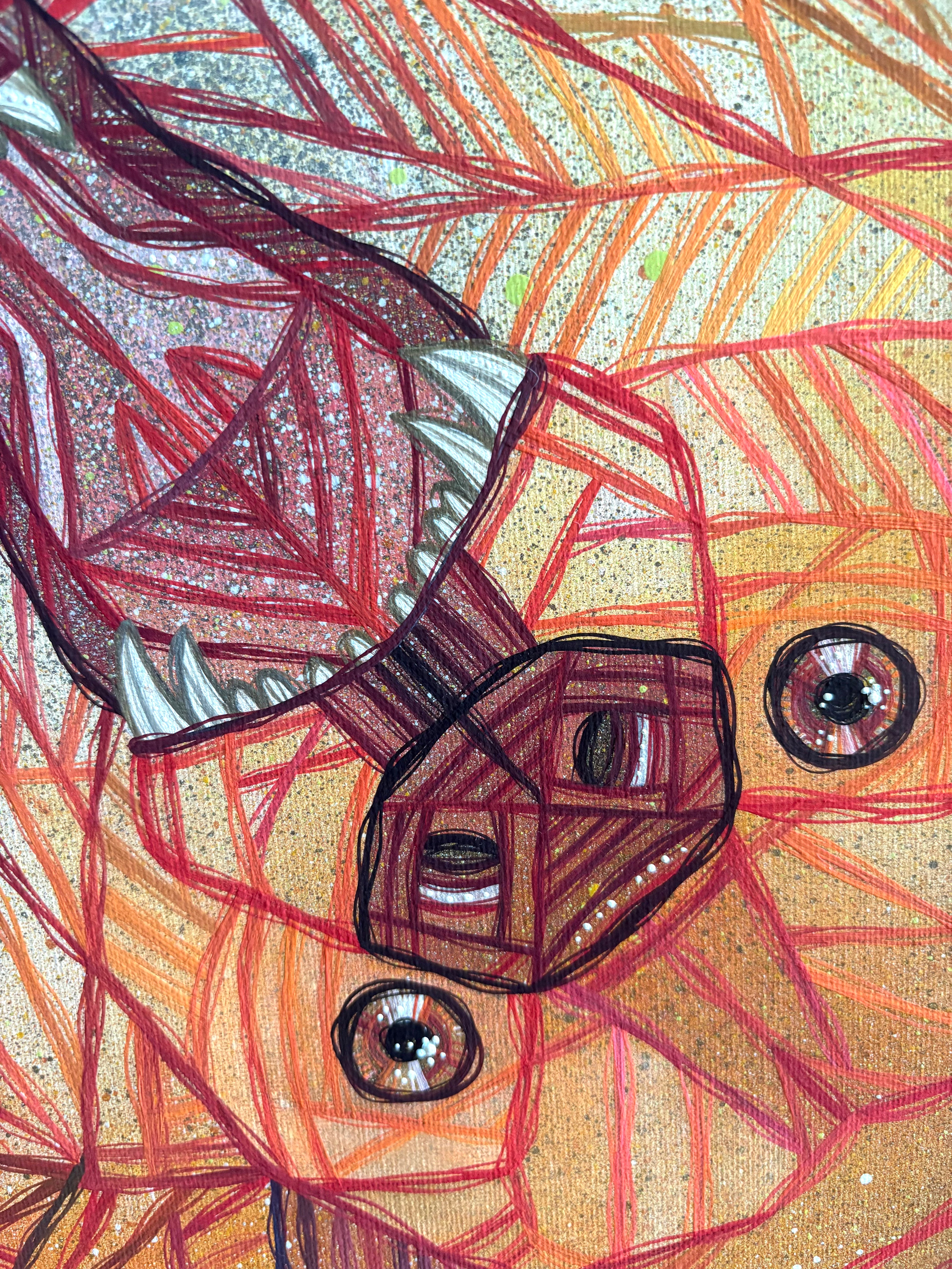 Abstract artwork with red and orange lines and shapes of a grizzly bear on canvas