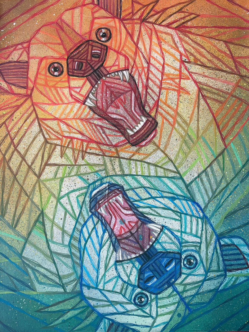 Colorful abstract artwork of two bears mirrored