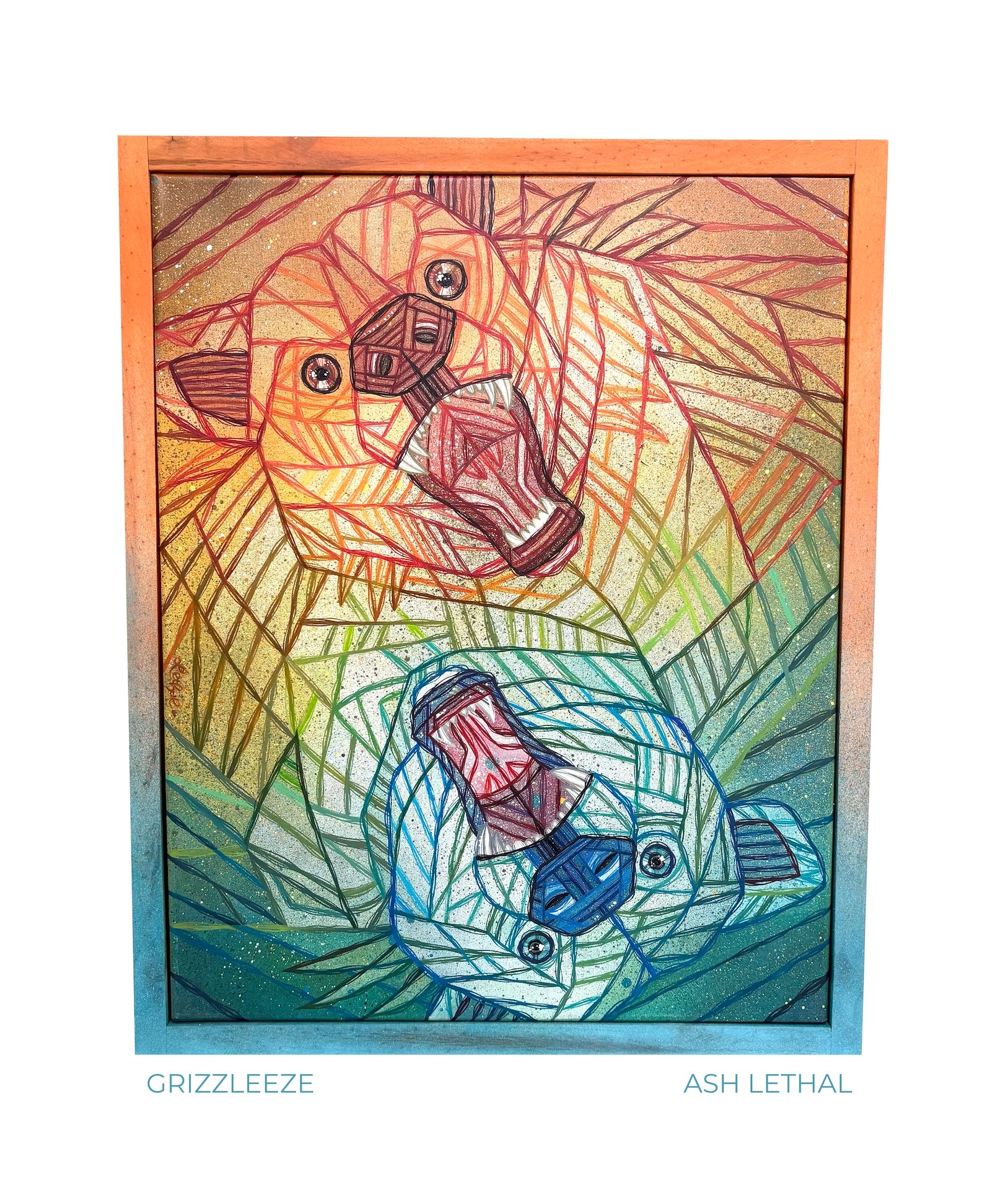 Colorful abstract artwork of two mirrored grizzly bears gradient faded pop art colors with 'Grizzleeze' and 'Ash Lethal'