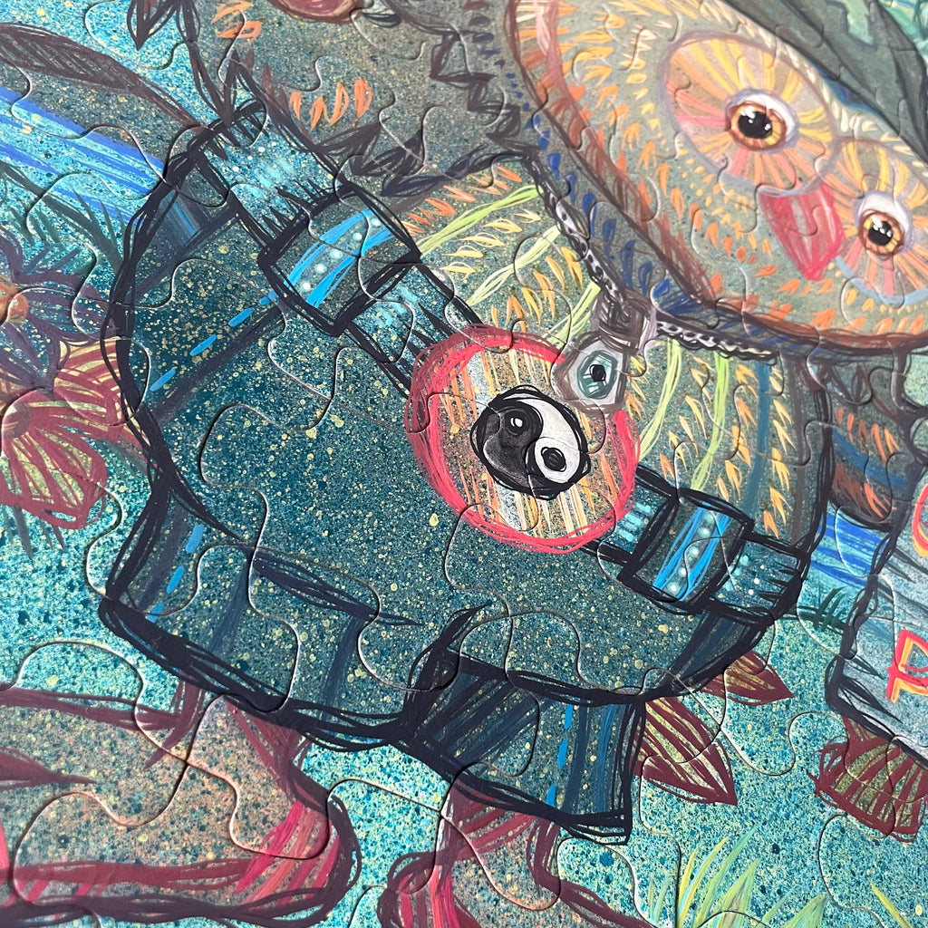 Colorful puzzle piece with intricate design on a textured background