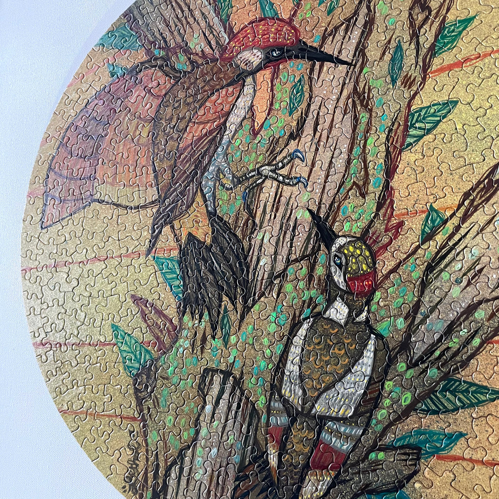 Jigsaw puzzle piece with a detailed illustration of two birds on a branch Hand Painted