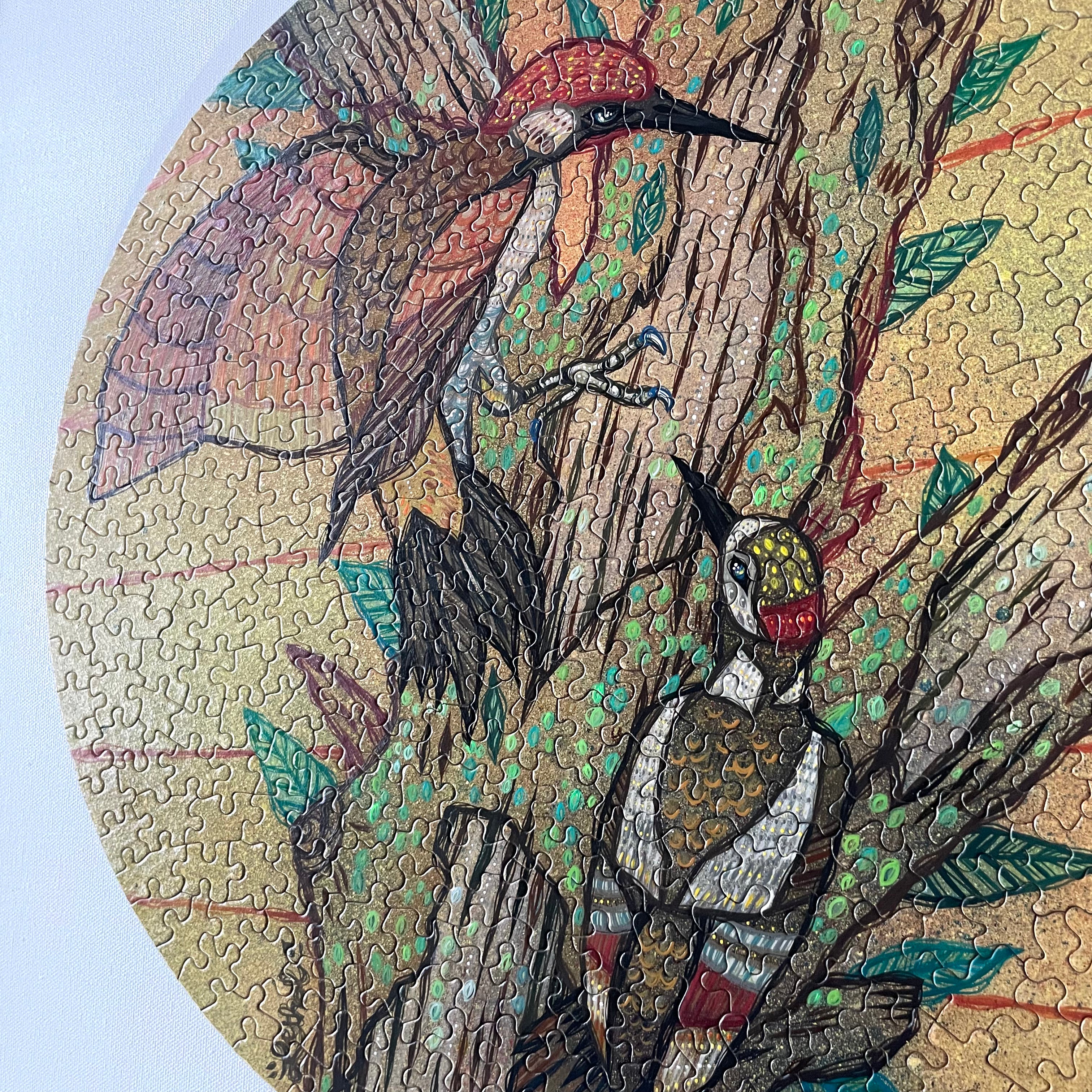 Jigsaw puzzle piece with a detailed illustration of two birds on a branch Hand Painted