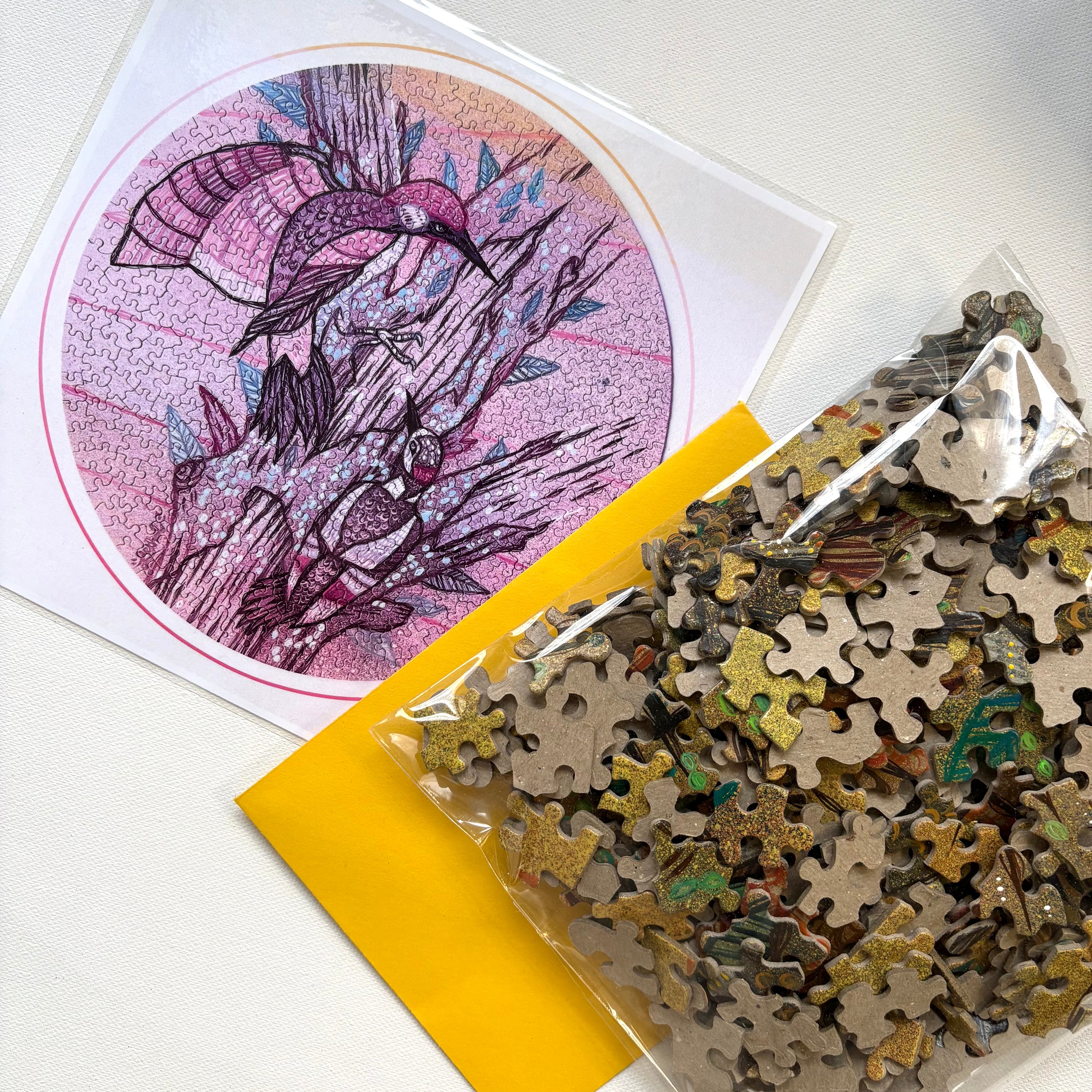 Jigsaw puzzle painted by Hand pieces come wrapped with print of the complete puzzle by Ash Lethal artist puzzles