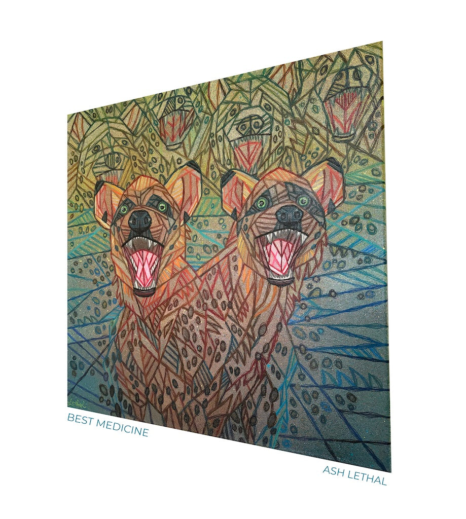 Colorful artwork of two dogs with a patterned background and 'Best Medicine' text.