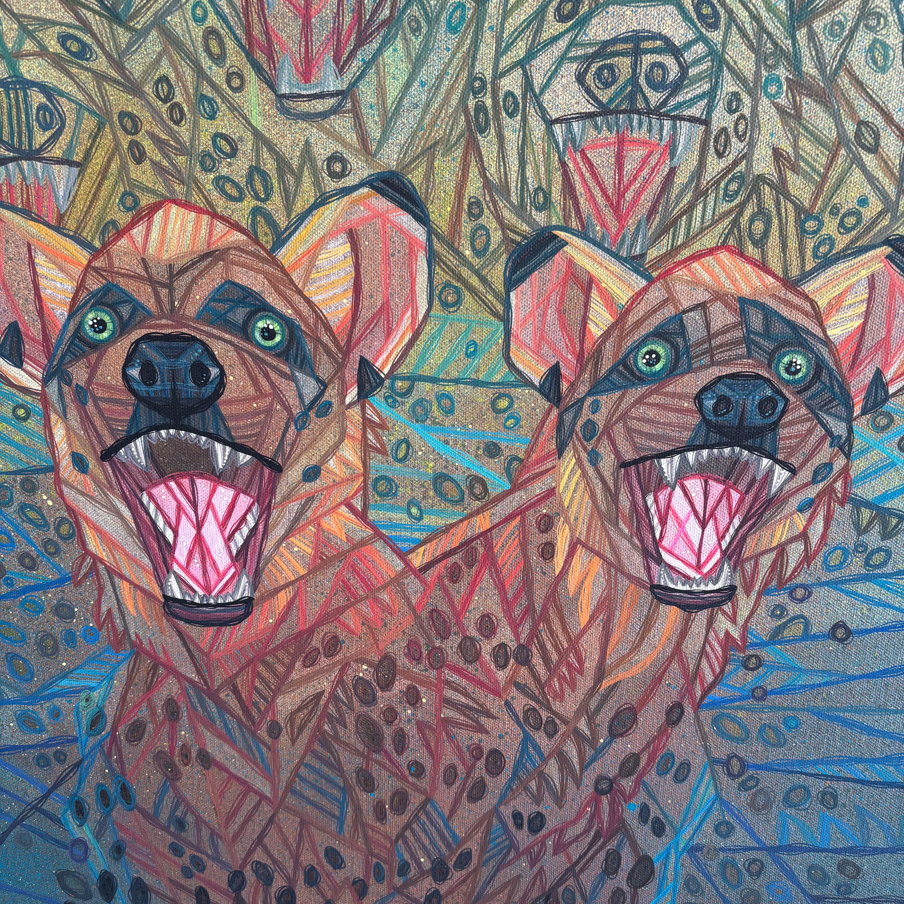 Colorful illustration of two wild hyena Africa dogs with a patterned background