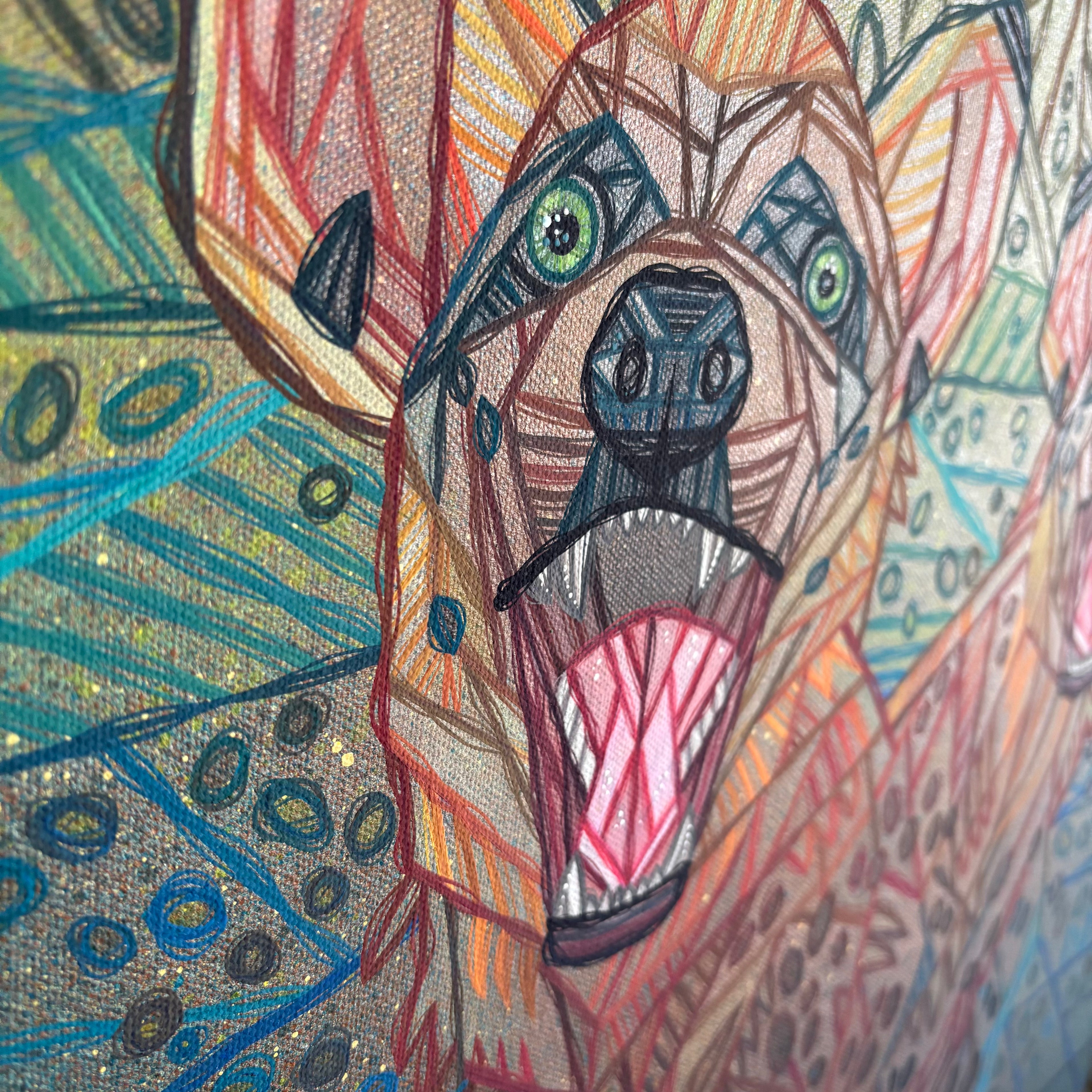 Colorful illustration of a dog's face with abstract patterns