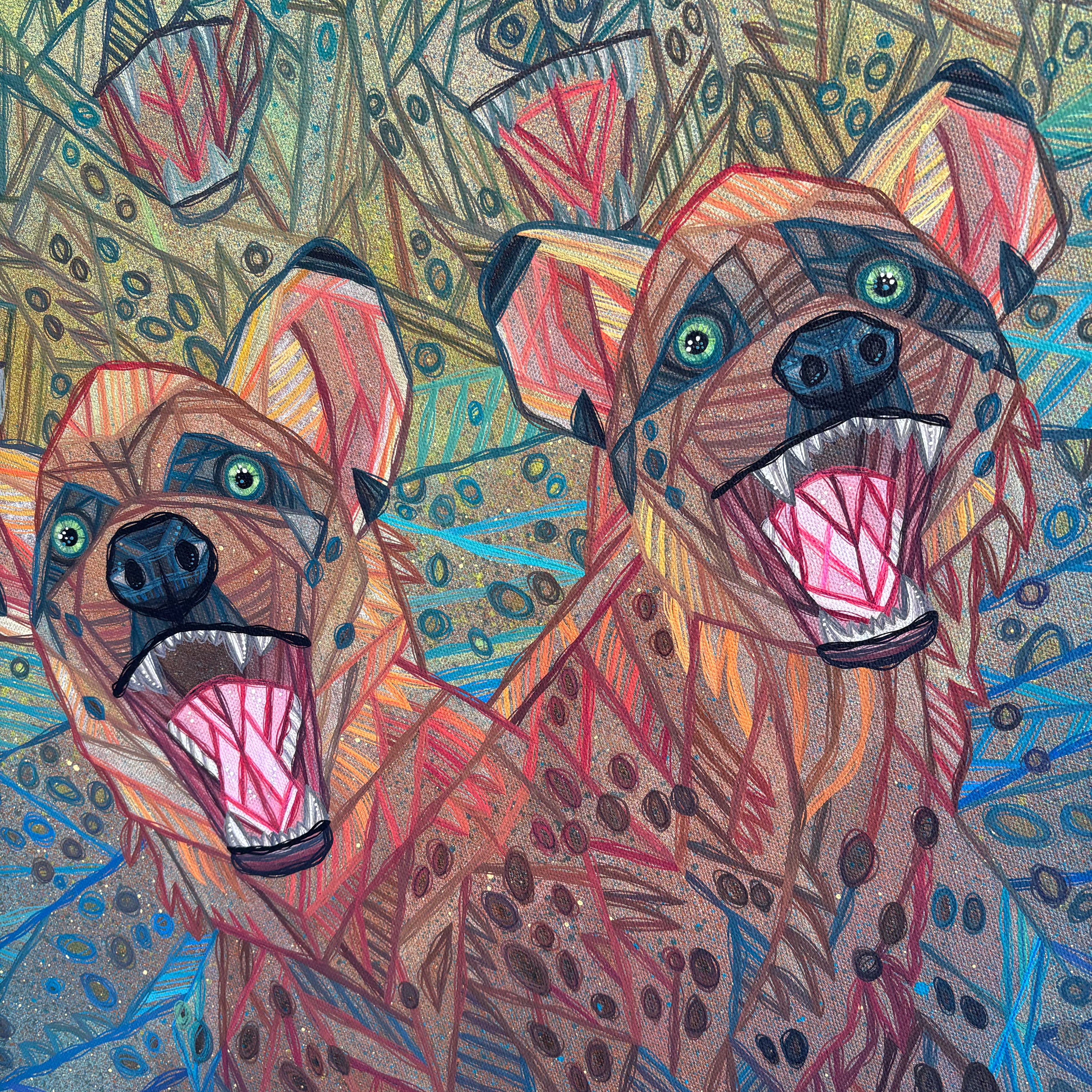 Colorful illustration of two hyena wild Africa dogs with a patterned background by artist Ash Lethal 
