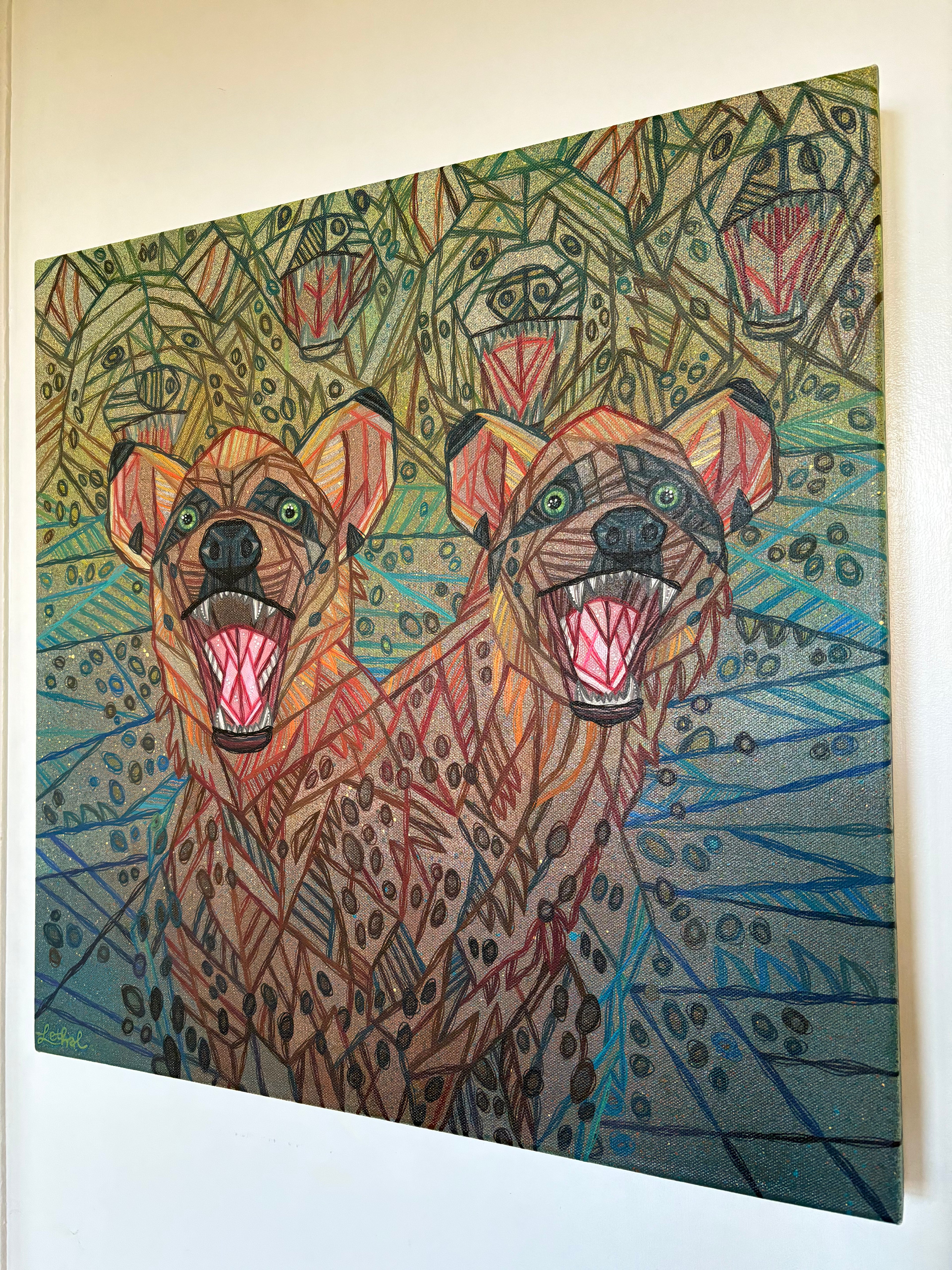 Colorful wildlife painting of two surreal hyena with abstract patterns on a white gallery wall by artist Ash Lethal