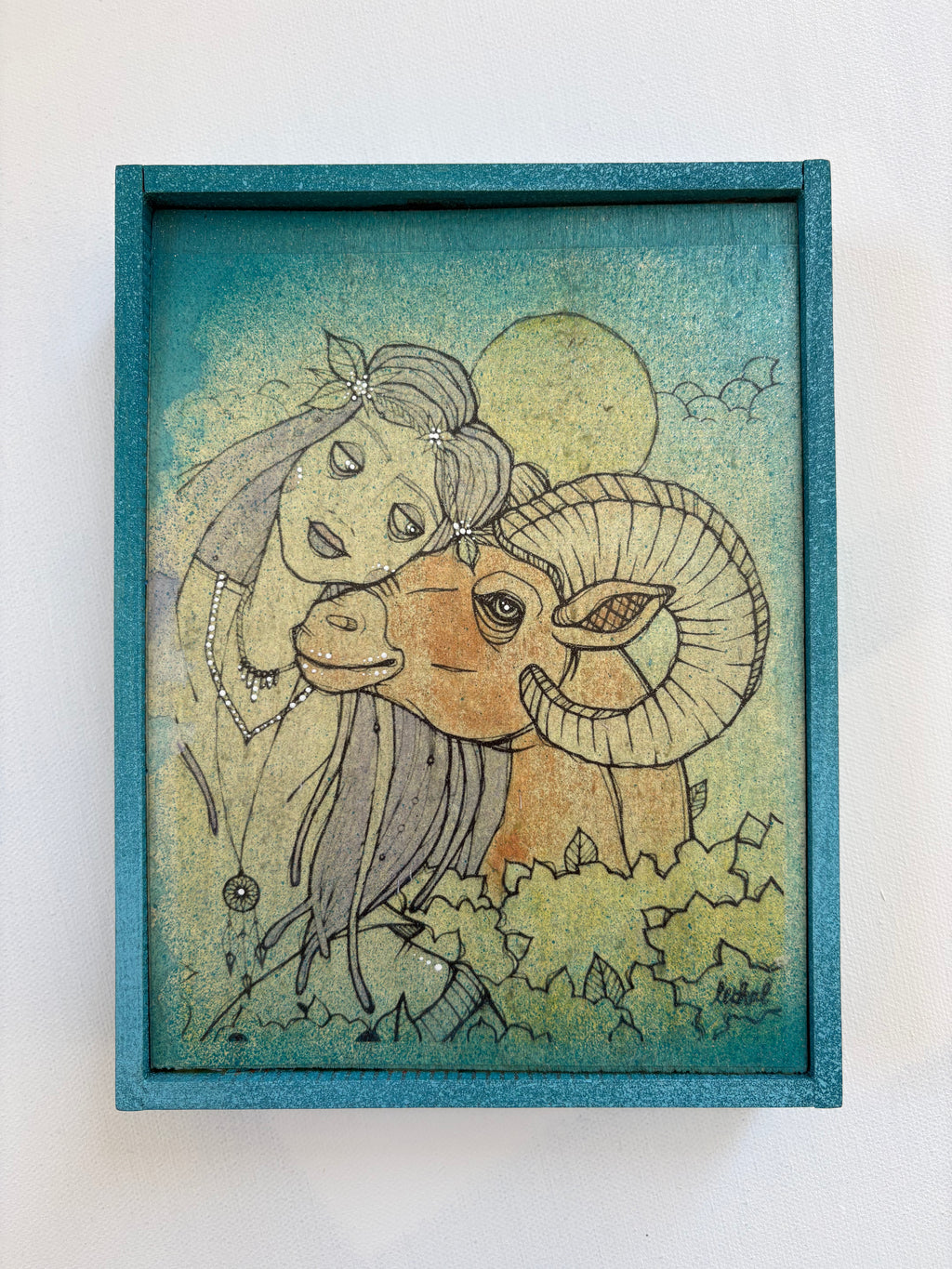 "Park Walks" w/ Purple Hair  Reproduction Painting on Wood Panel in Custom Wood Frame