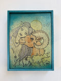 "Park Walks" w/ Purple Hair  Reproduction Painting on Wood Panel in Custom Wood Frame