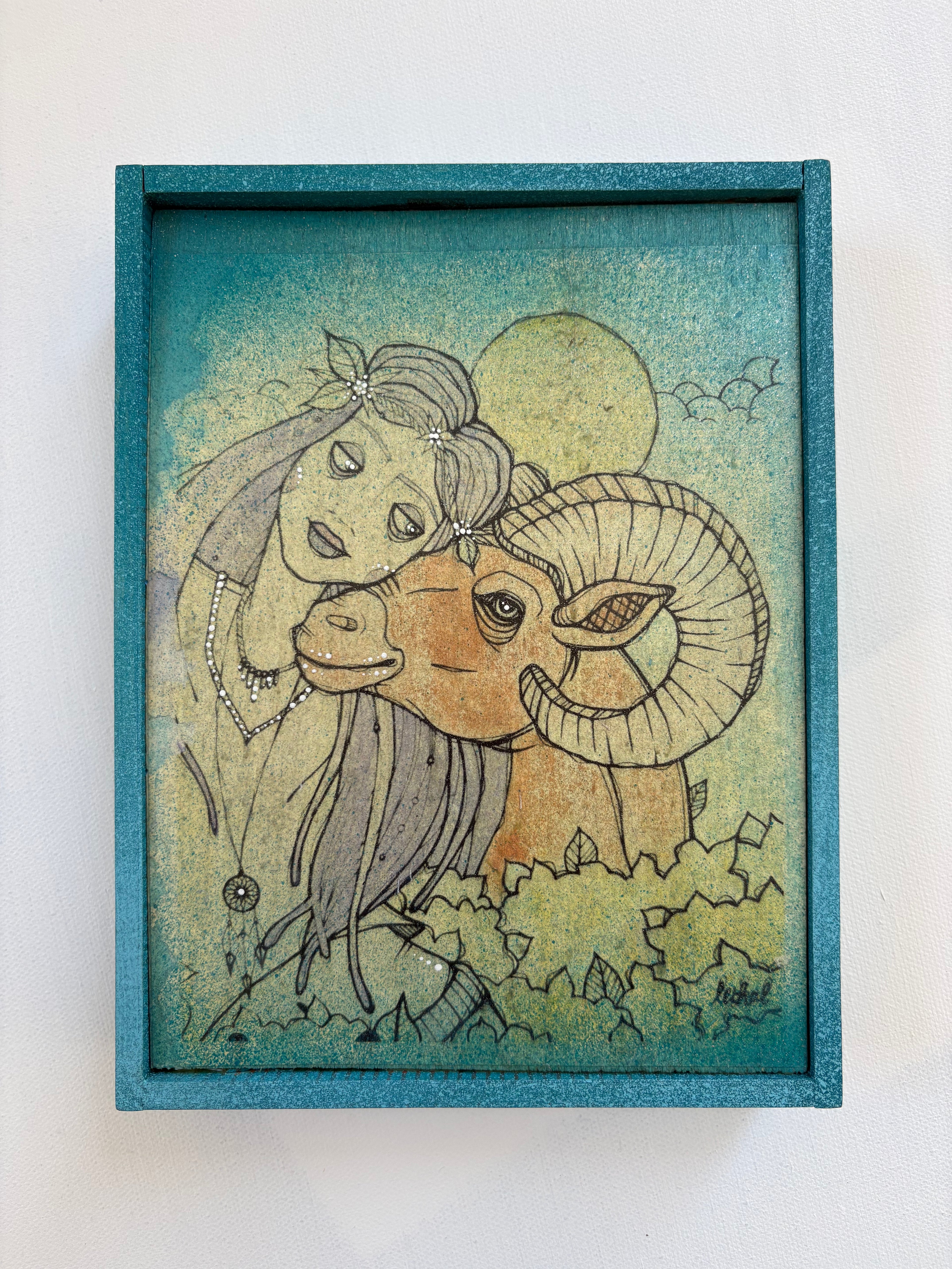 "Park Walks" w/ Purple Hair  Reproduction Painting on Wood Panel in Custom Wood Frame