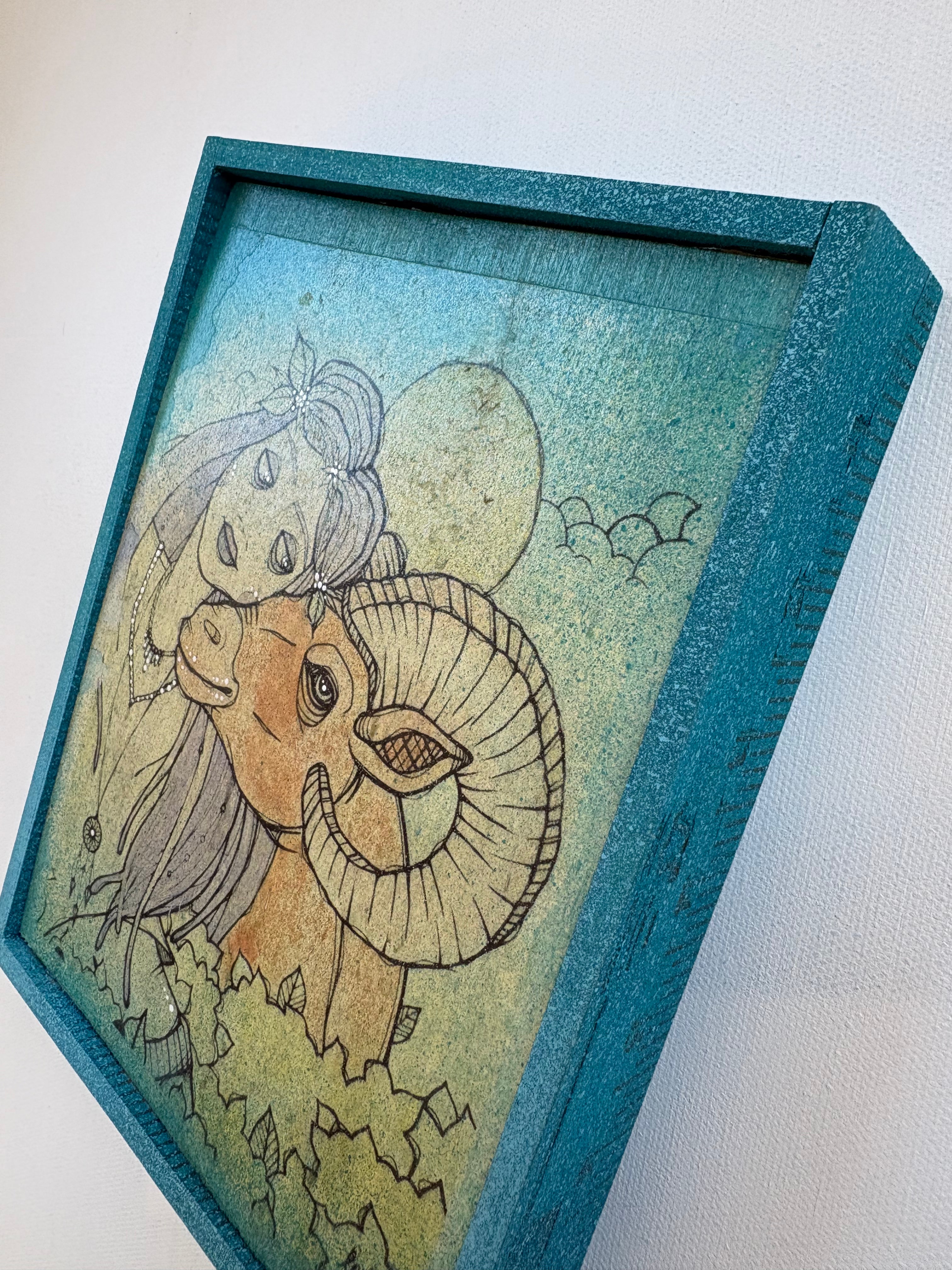 "Park Walks" w/ Purple Hair  Reproduction Painting on Wood Panel in Custom Wood Frame