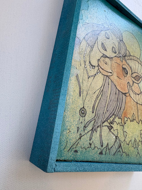 "Park Walks" w/ Purple Hair  Reproduction Painting on Wood Panel in Custom Wood Frame