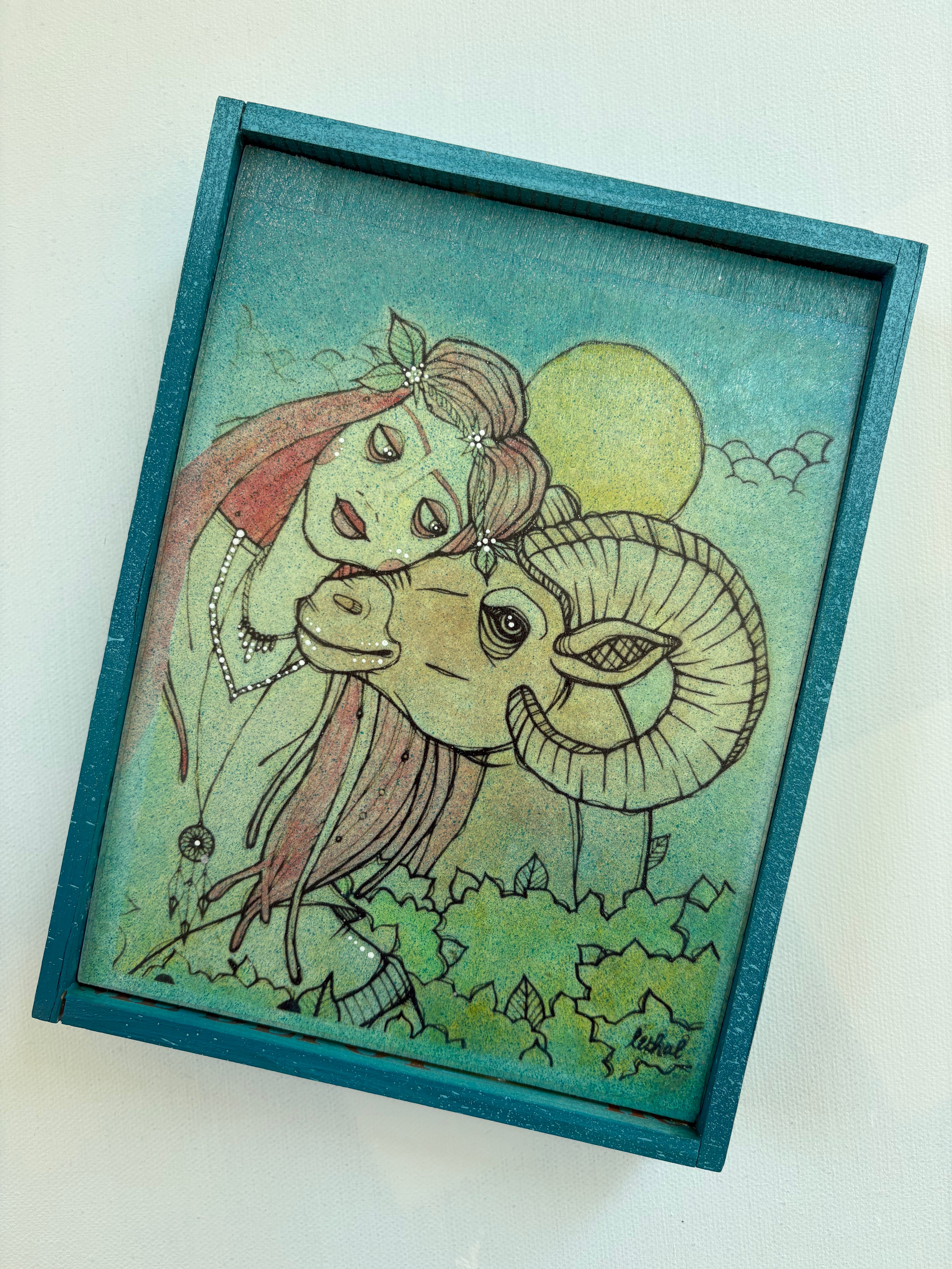 Park Walks w/ Red Hair Reproduction Painting in Custom Wood Frame