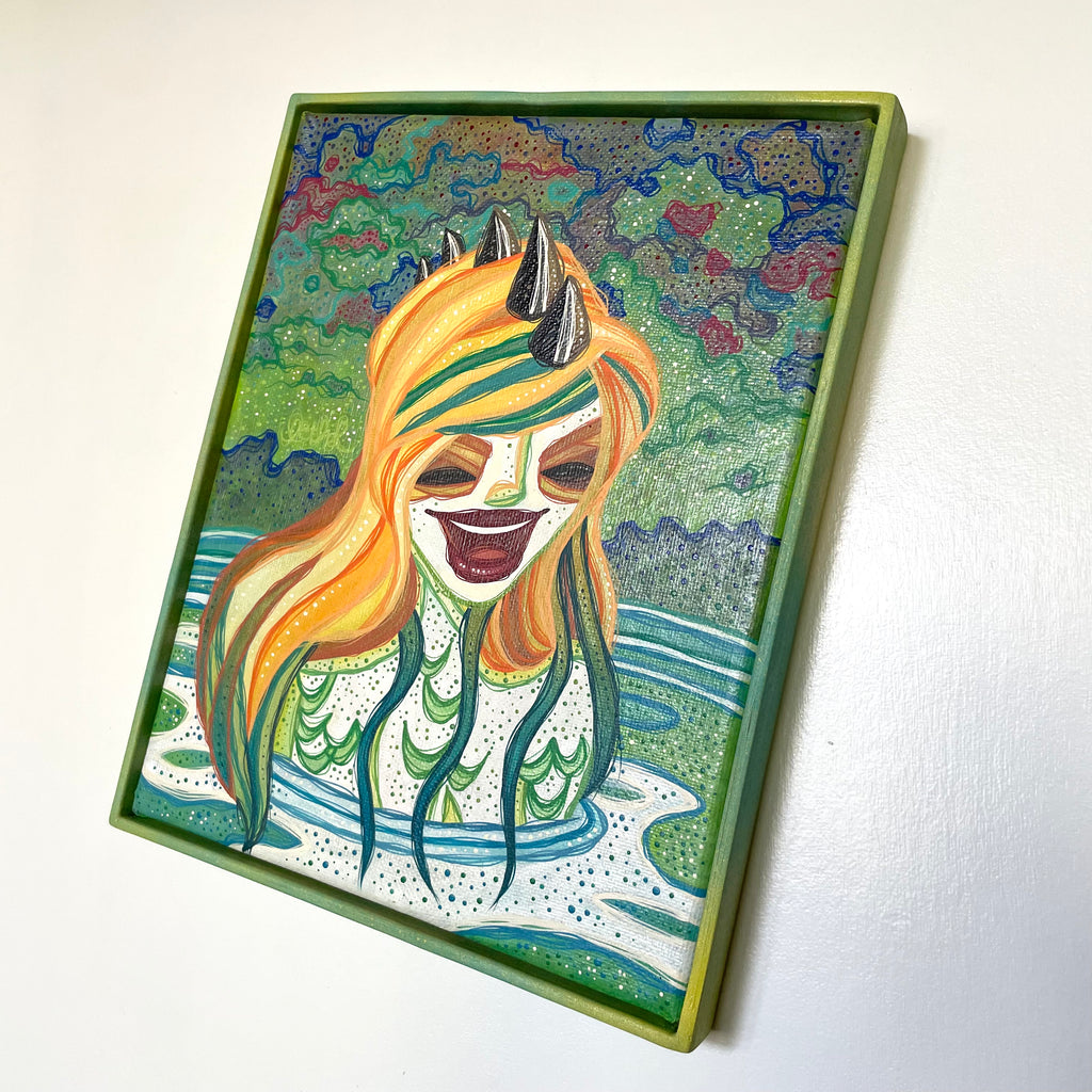 Colorful artwork of a stylized character with horns on a white background