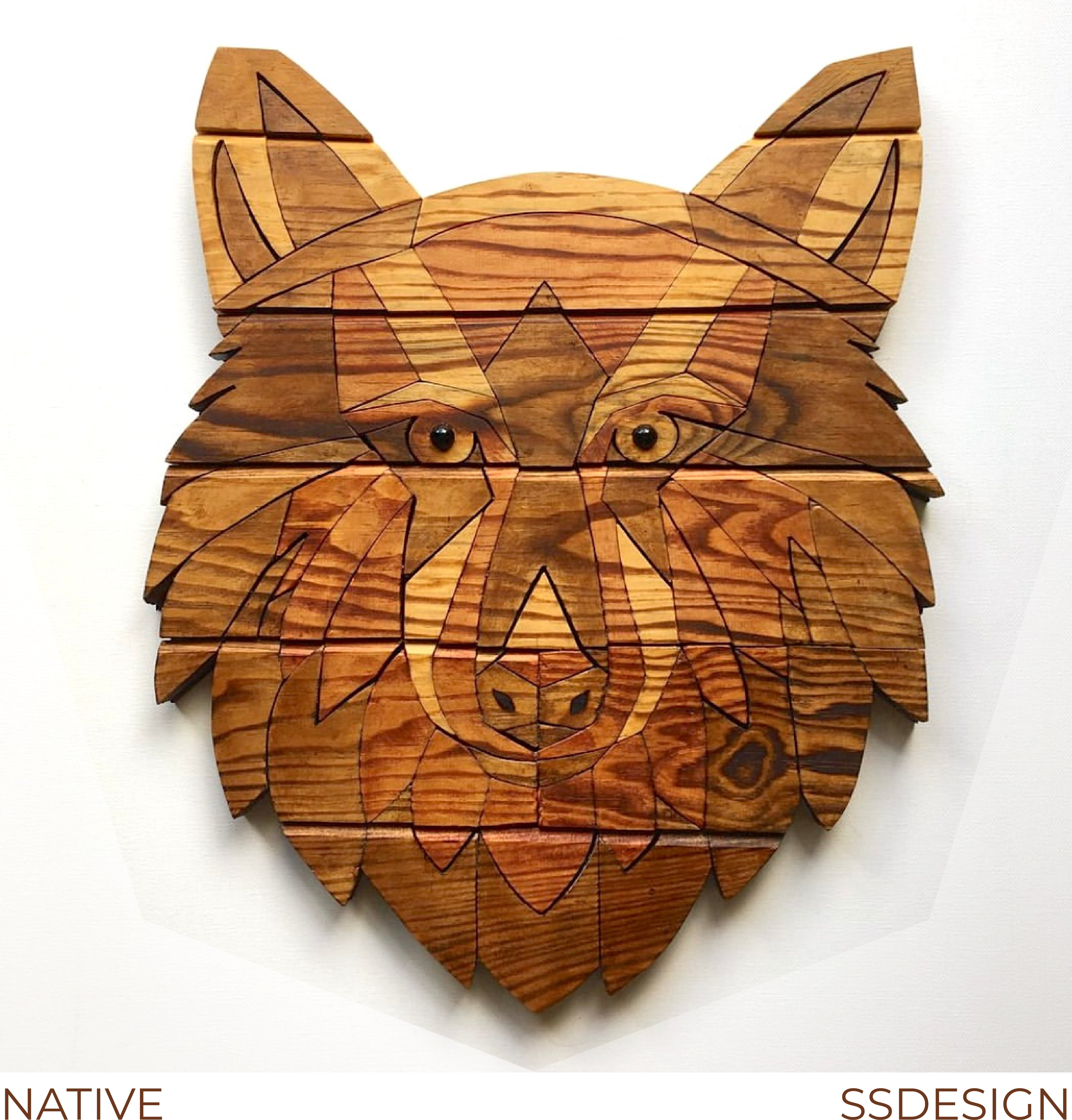Wooden wolf head sculpture geometric wood art of wildlife 