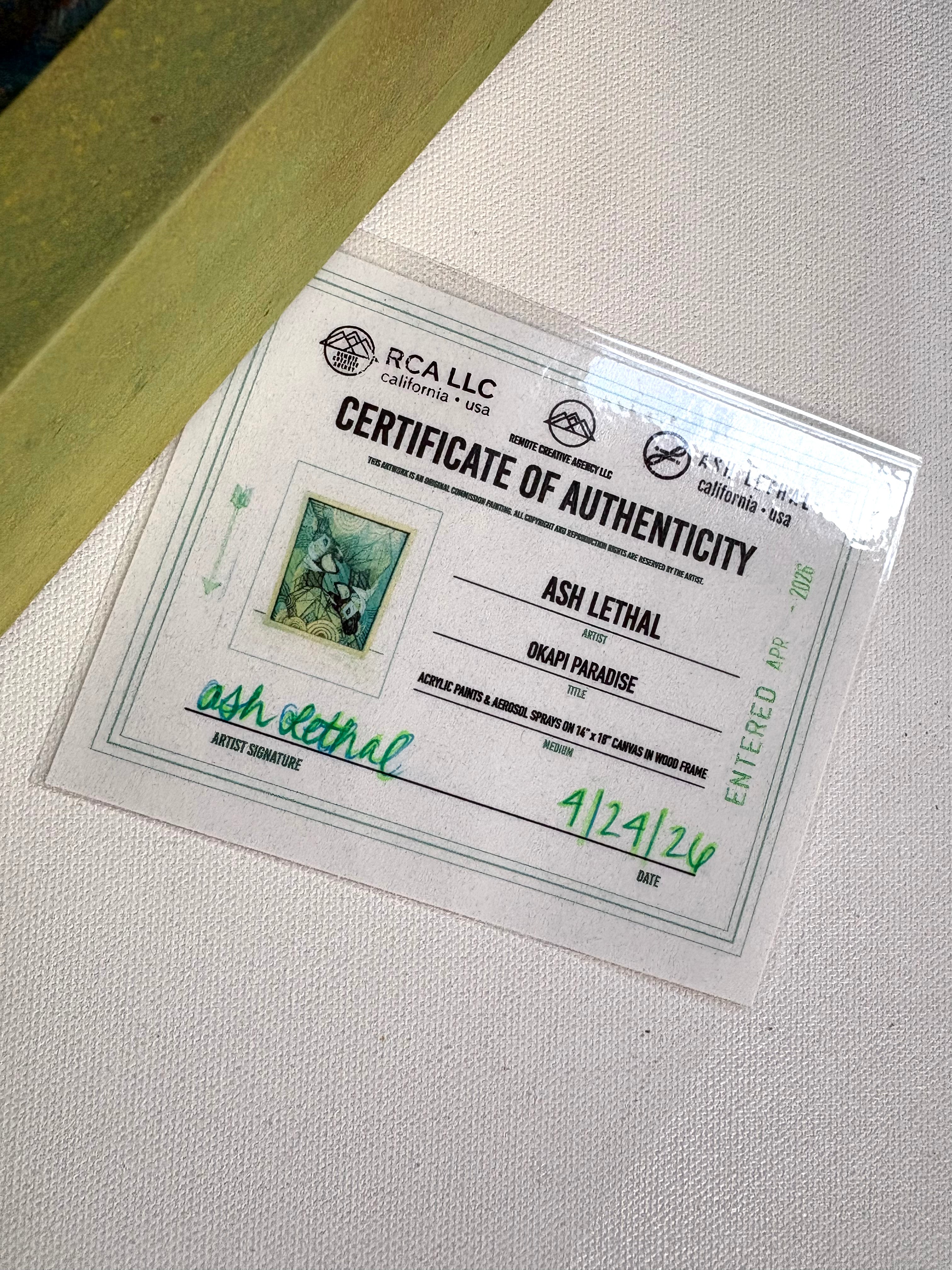Certificate of Authenticity on a textured surface for ash lethal painting of okapis