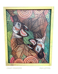 Artistic painting of two okapis with a stylized geometric pattern, signed 'Ash Lethal' by artist Ash Lethal Fine Art Wildlife Painting Pop Art