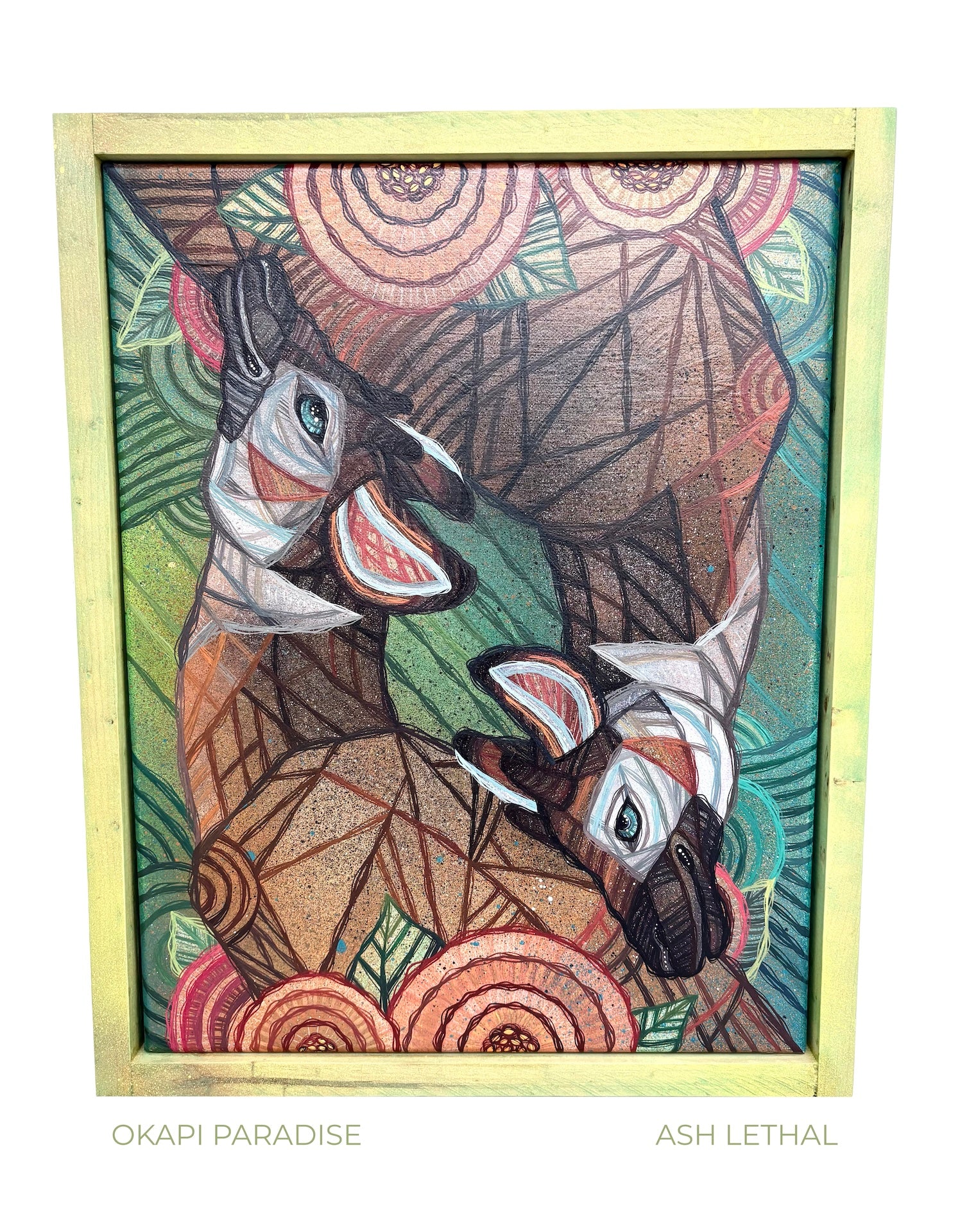 Artistic painting of two okapis with a stylized geometric pattern, signed 'Ash Lethal' by artist Ash Lethal Fine Art Wildlife Painting Pop Art