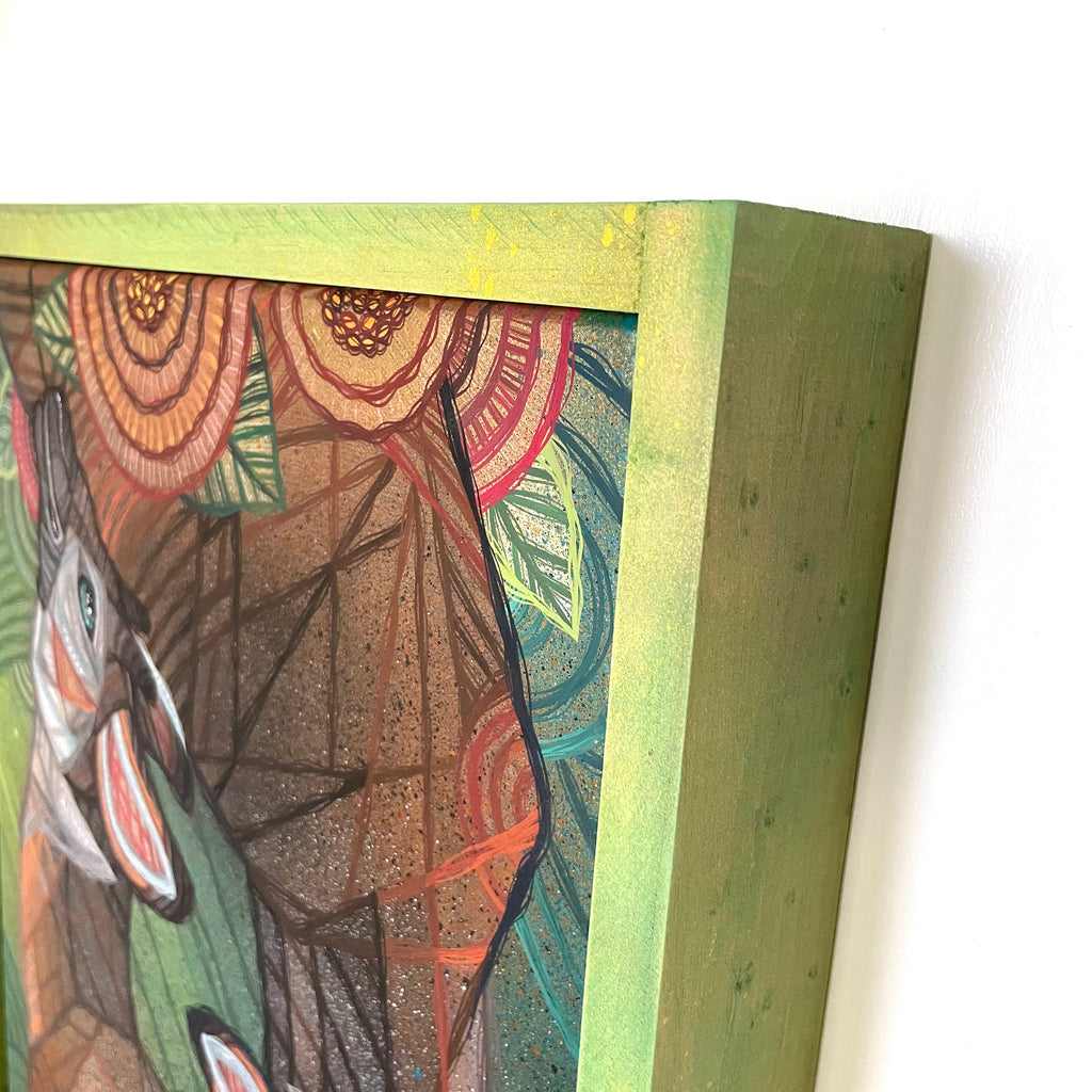 Colorful abstract art piece with a deer okapi illustration on a white background