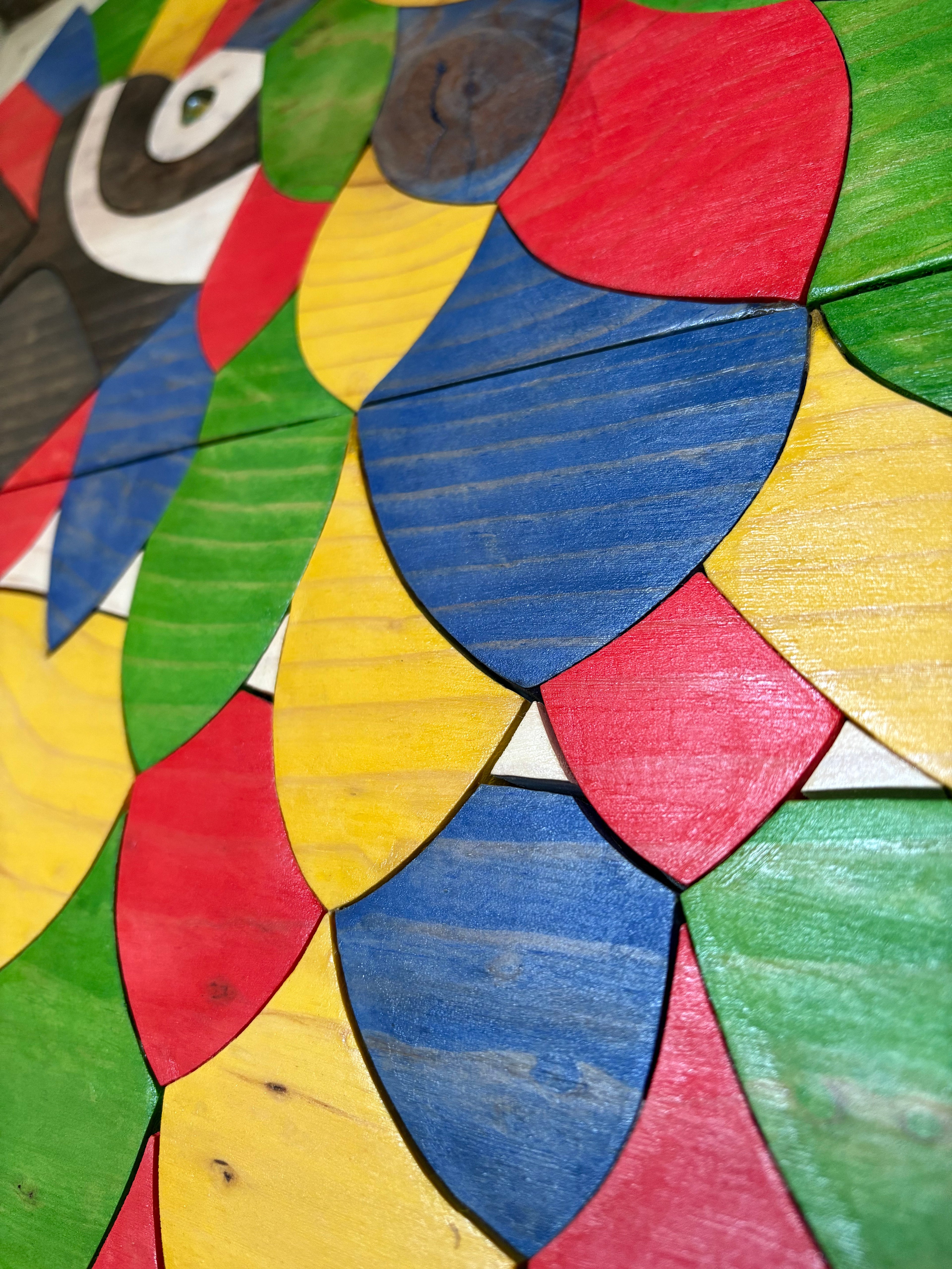 Colorful wooden art sculpture wall decor of blue yellow red macaw parrot bird by artist SSDesign 