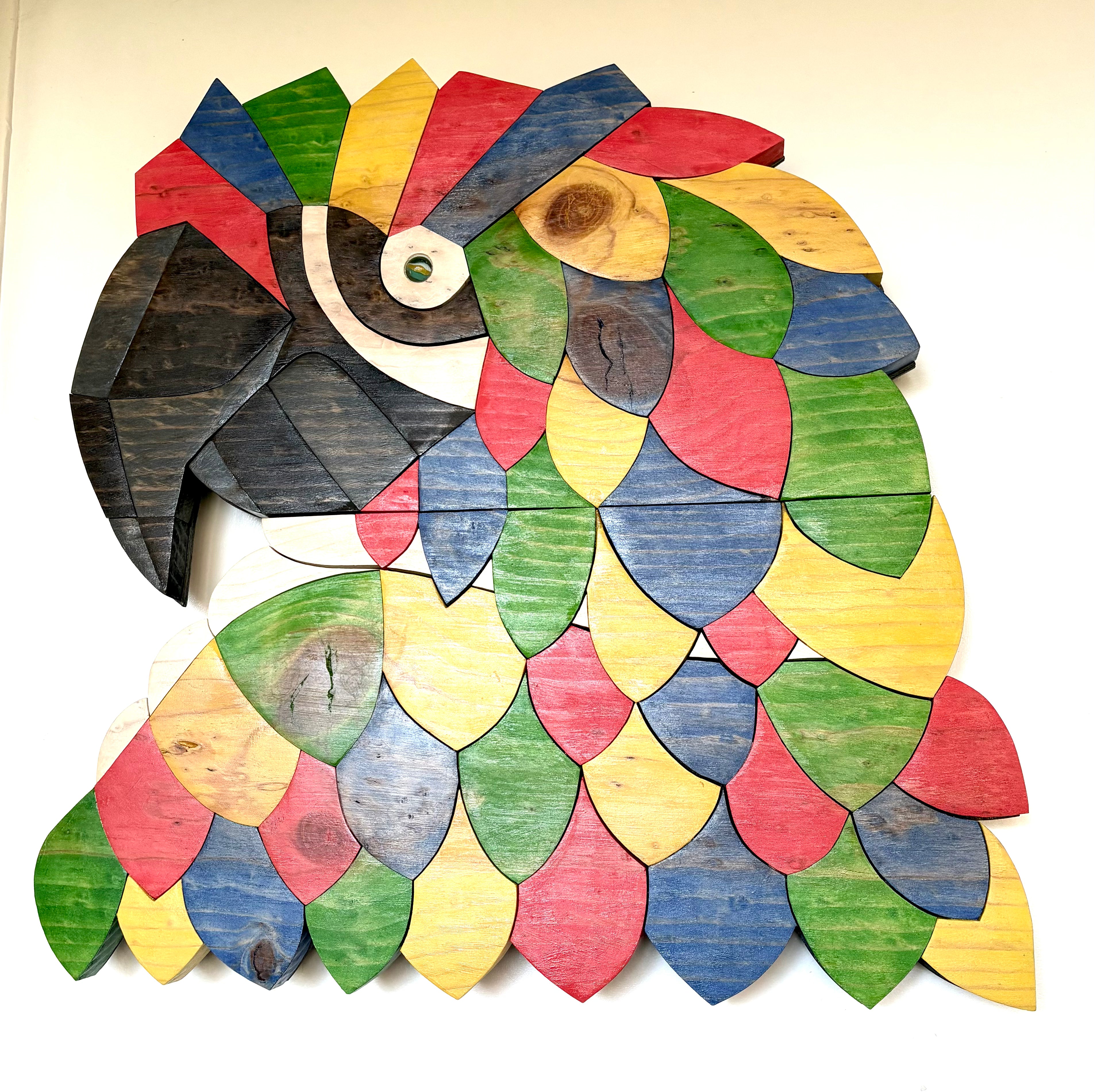 Colorful wooden parrot decoration fine art wall decor of colorful wood stained macaw bird by artist SSDesign for Gallery Show