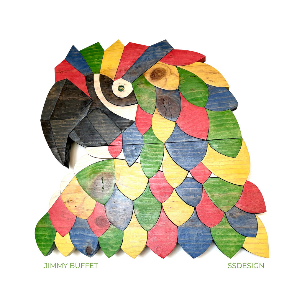 Colorful parrot-shaped wooden wall art with 'Jimmy Buffett' original wood wildlife art by 'SSDesign'