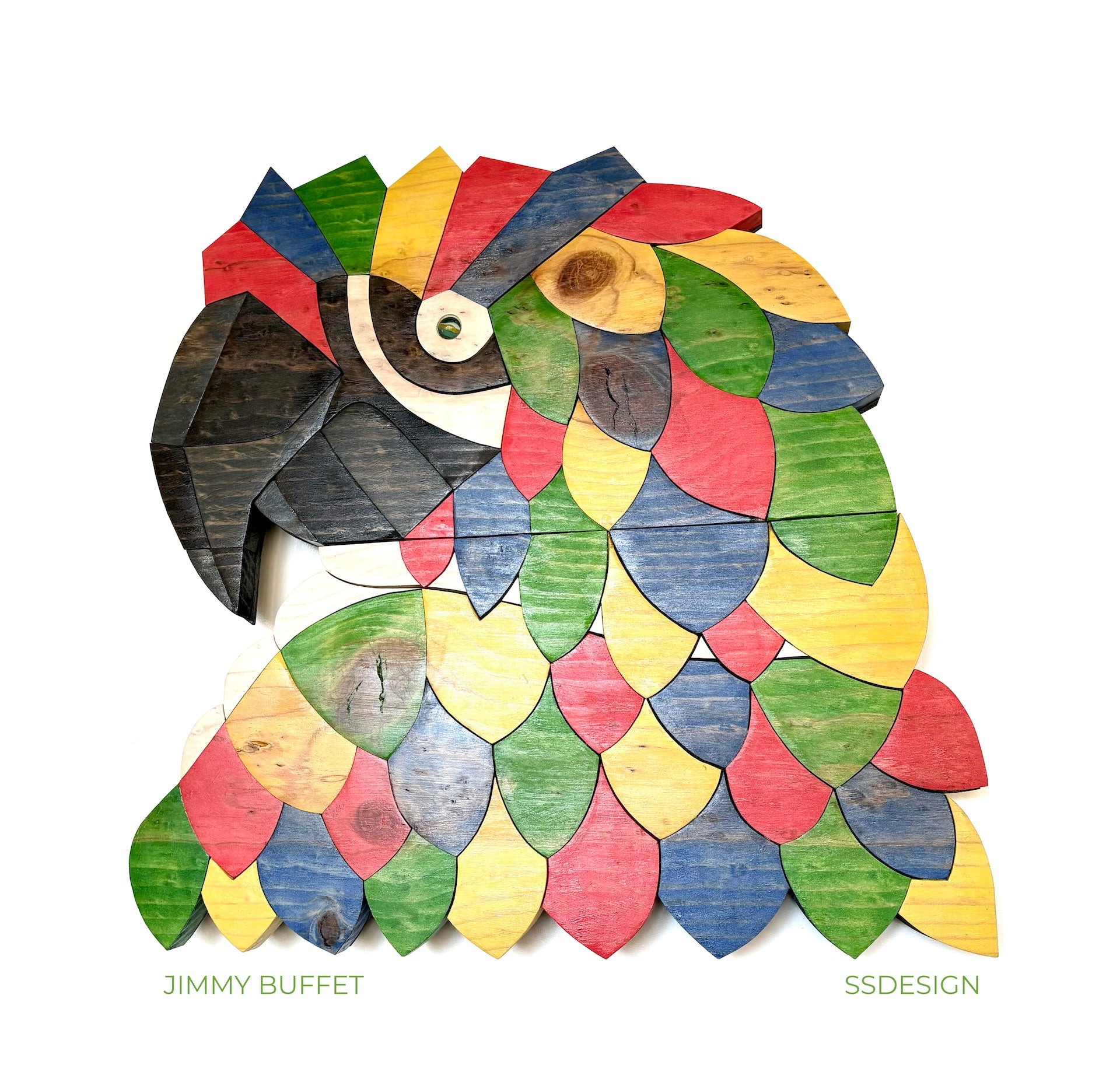 Colorful parrot-shaped wooden wall art with 'Jimmy Buffett' original wood wildlife art by 'SSDesign'