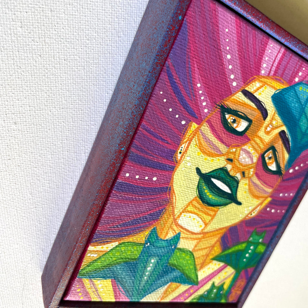 Colorful abstract painting of a face of girl with manta rays with vibrant colors on a textured white background