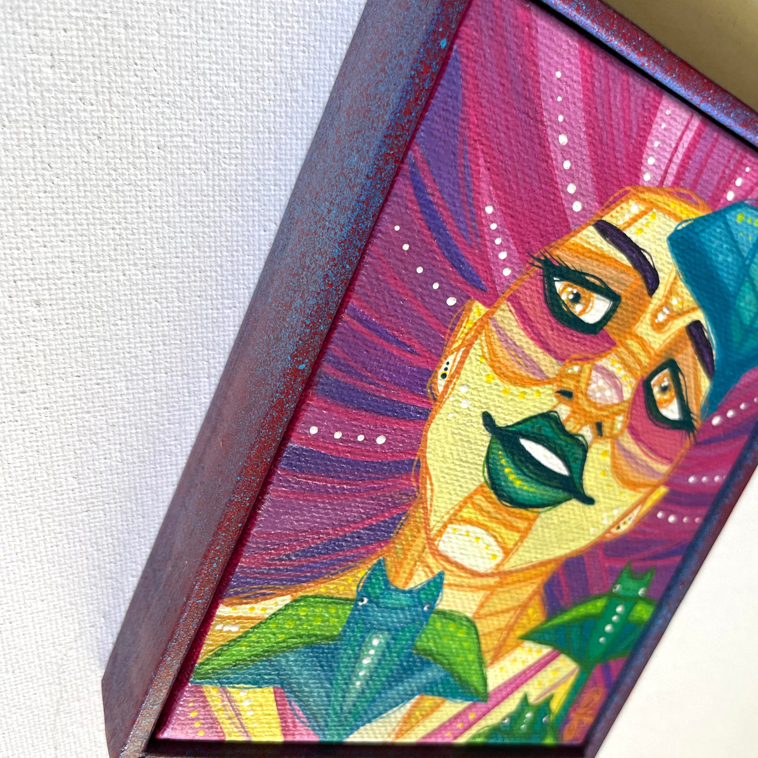 Colorful abstract painting of a face of girl with manta rays with vibrant colors on a textured white background