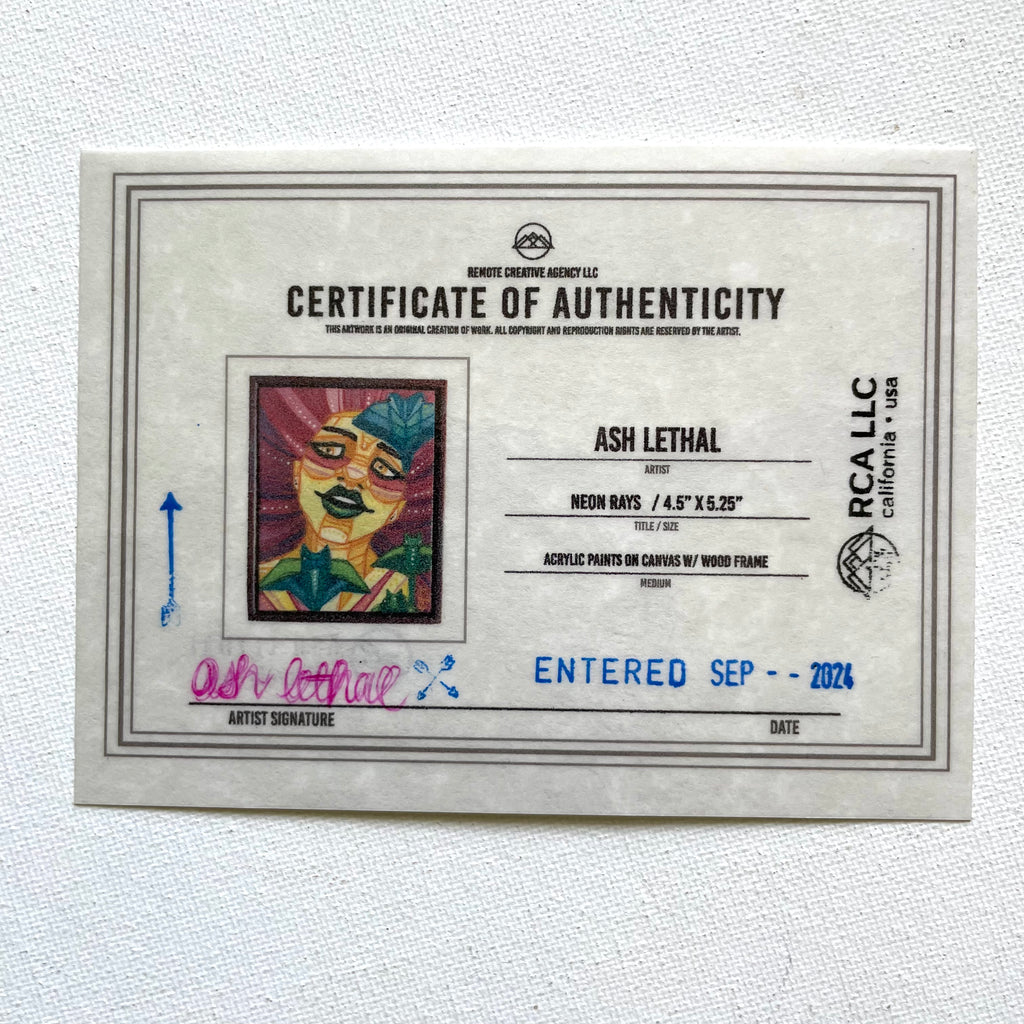 Certificate of Authenticity for an artwork by Ash Lethal on a light gray background