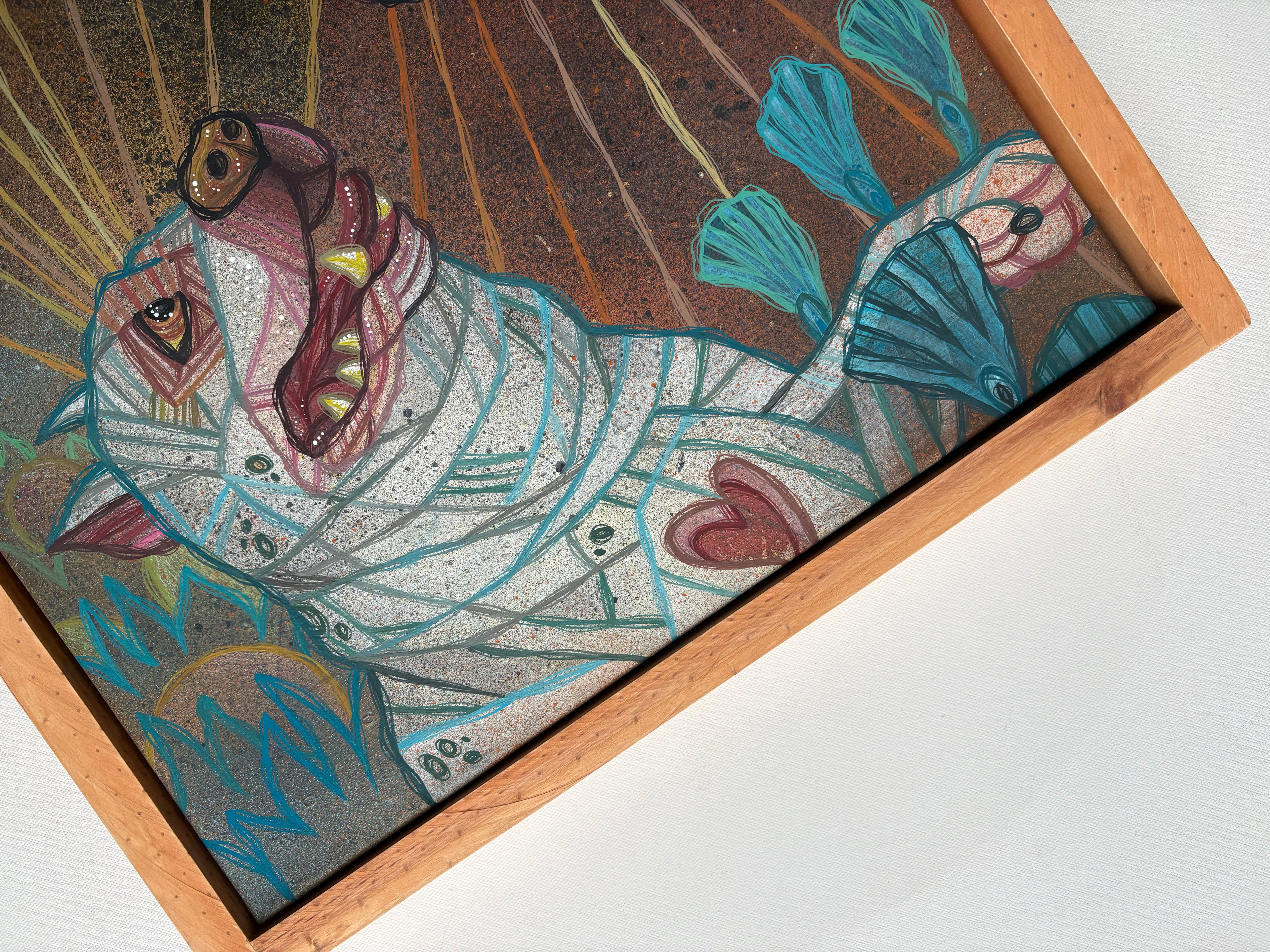 Decorative mosaic artwork of a dog and flowers with a wooden frame on a white background
