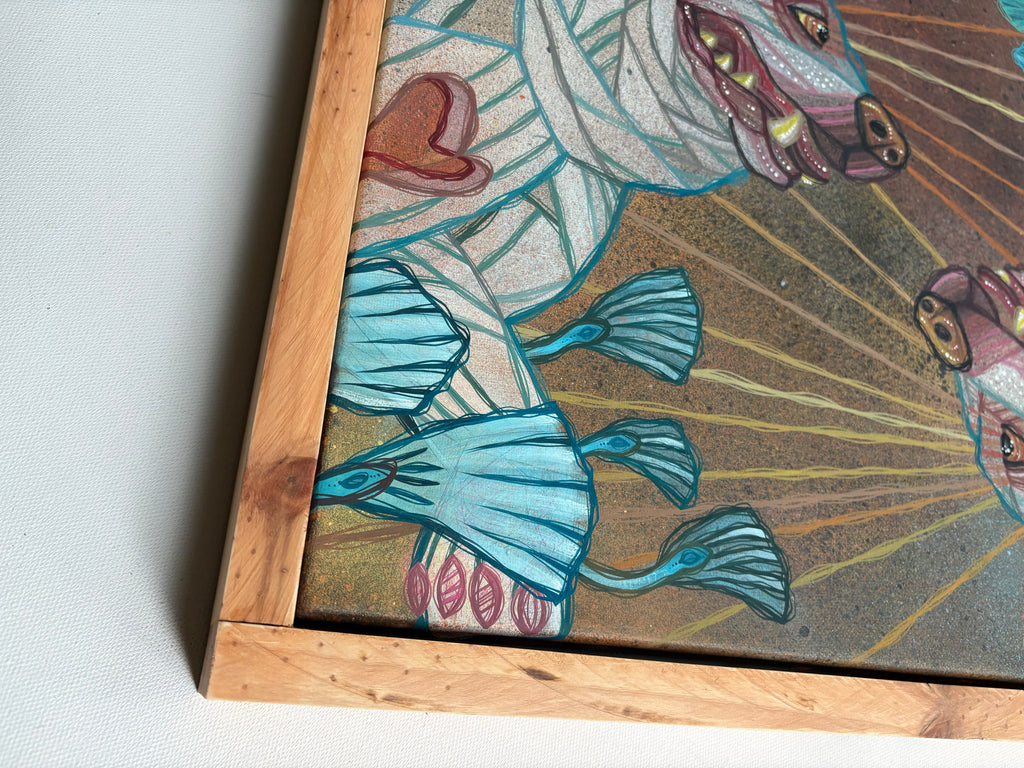 Close-up of a framed artwork with a stylized depiction of surreal florals and a dog by ash lethal