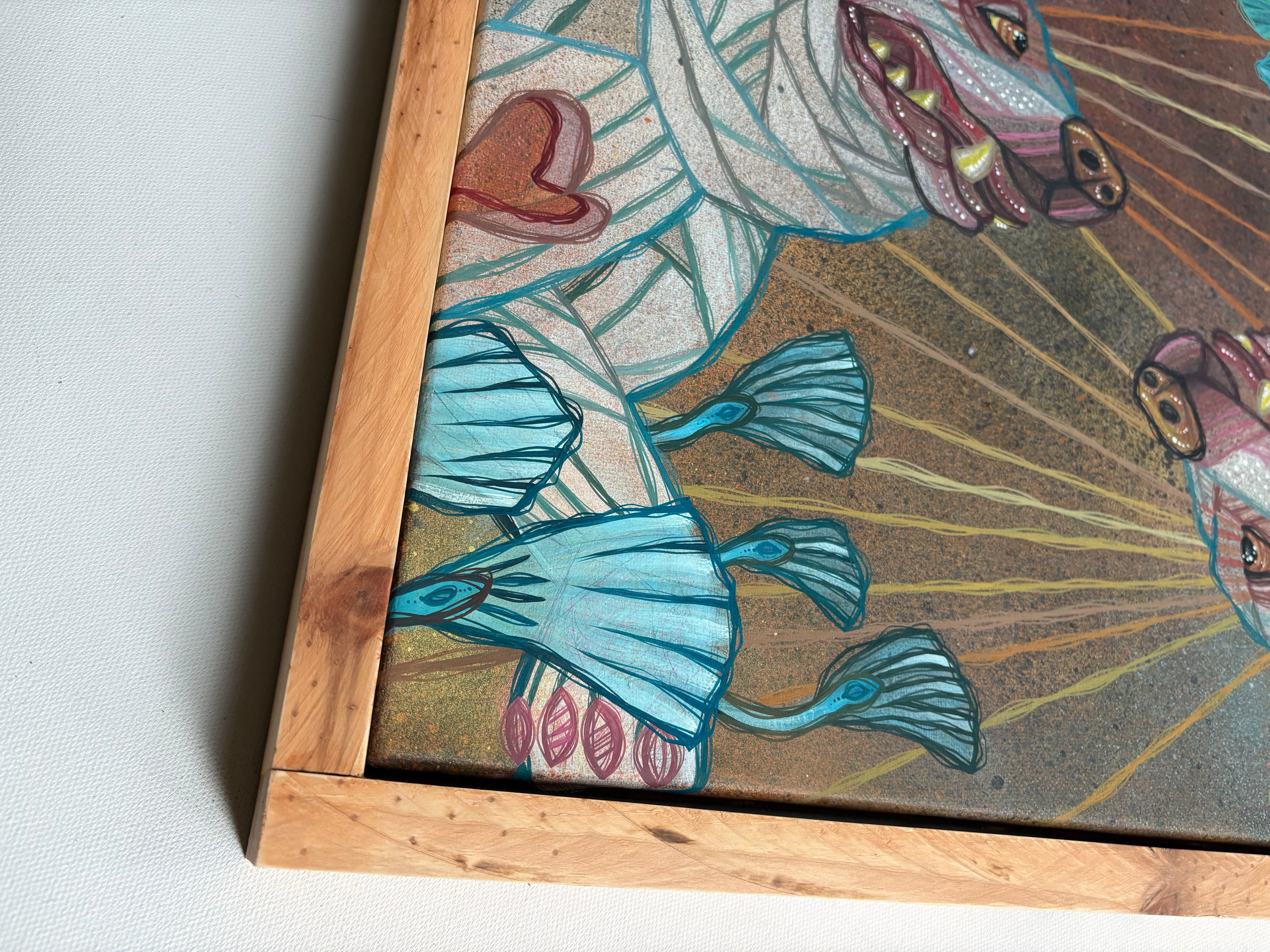 Close-up of a framed artwork with a stylized depiction of surreal florals and a dog by ash lethal