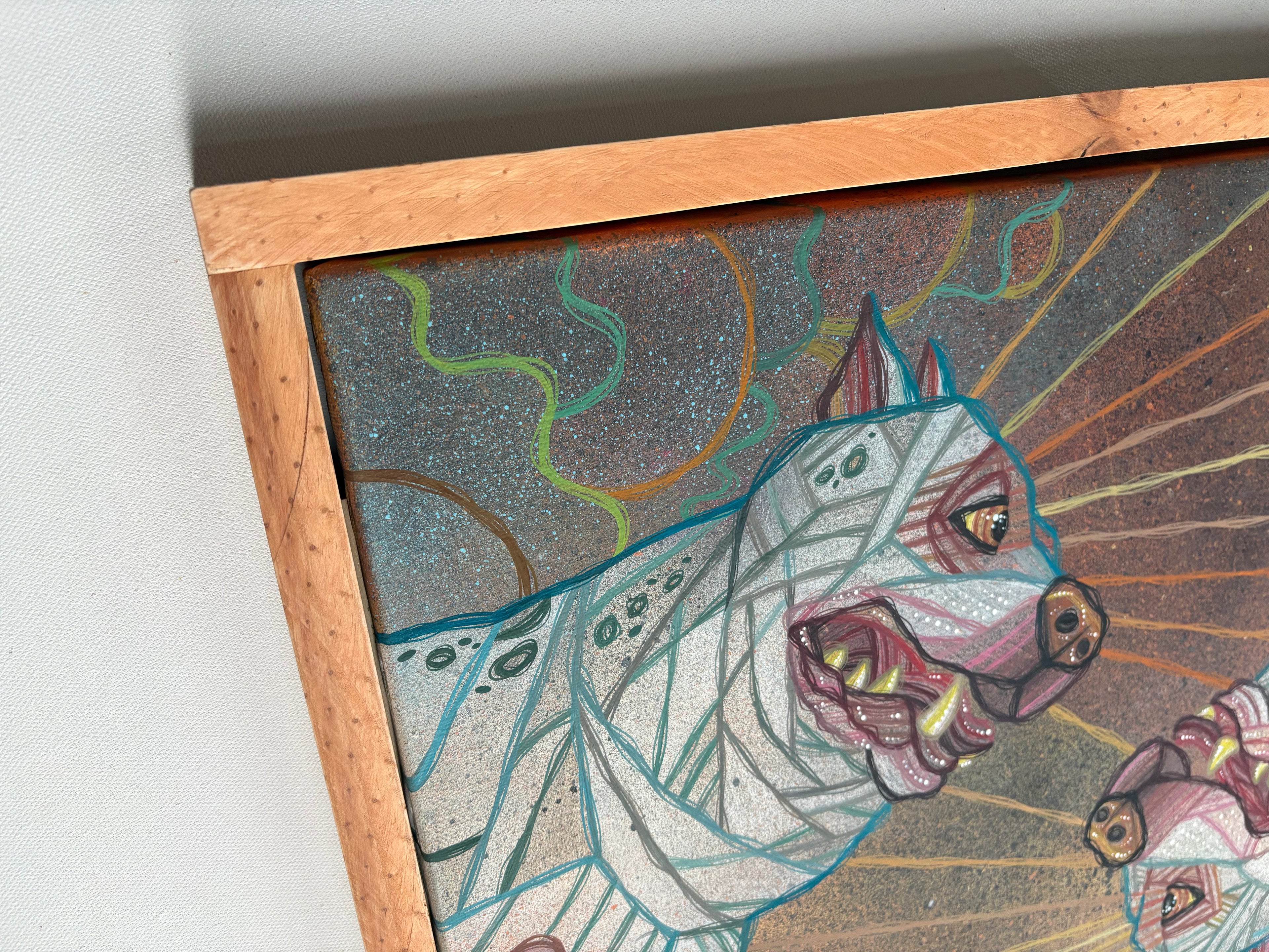 Framed mosaic geometric style artwork of a bully dog with a colorful background in wood frame by ash lethal