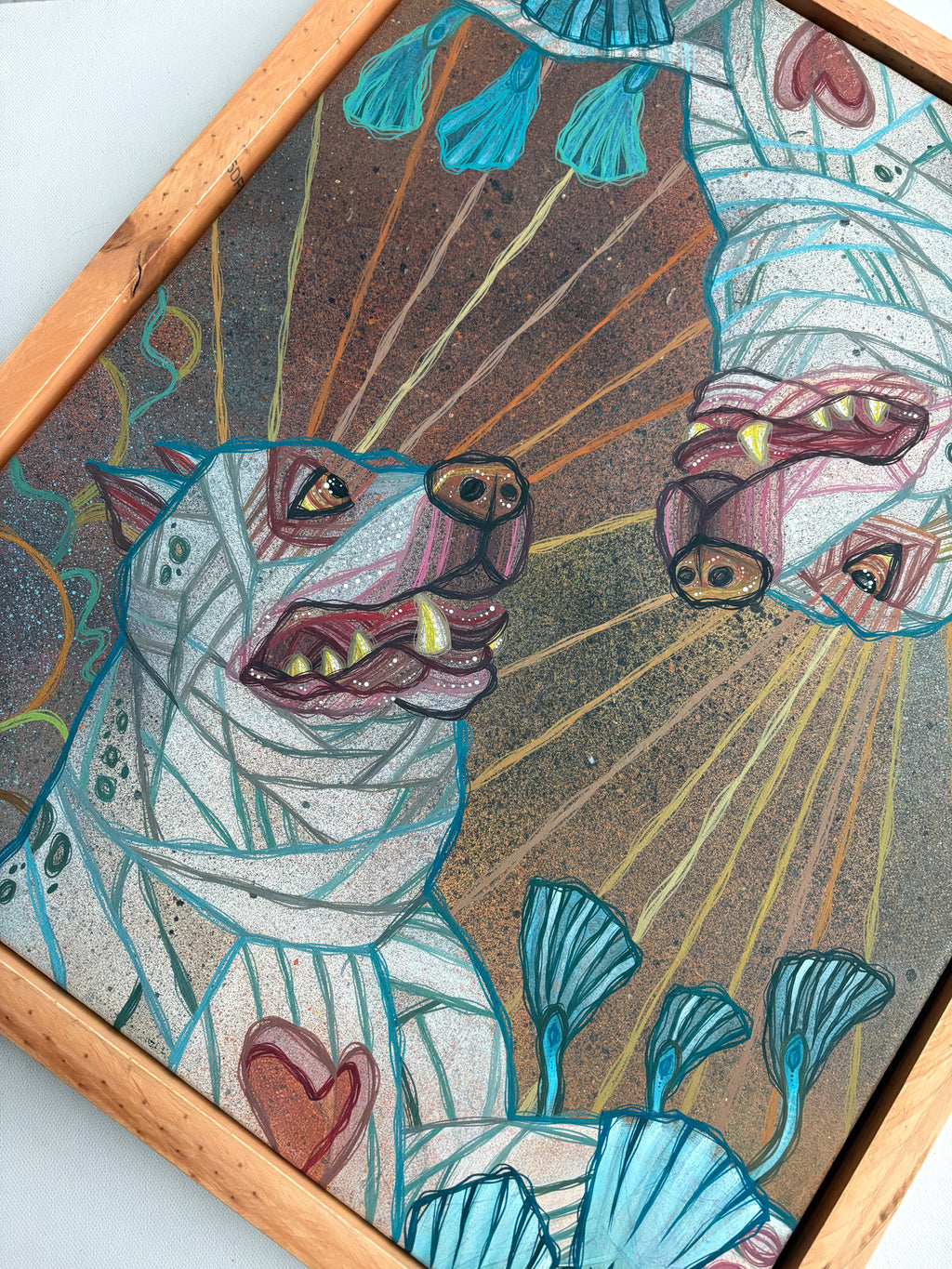 Artistic depiction of a dog with floral elements in a wooden frame by ash lethal