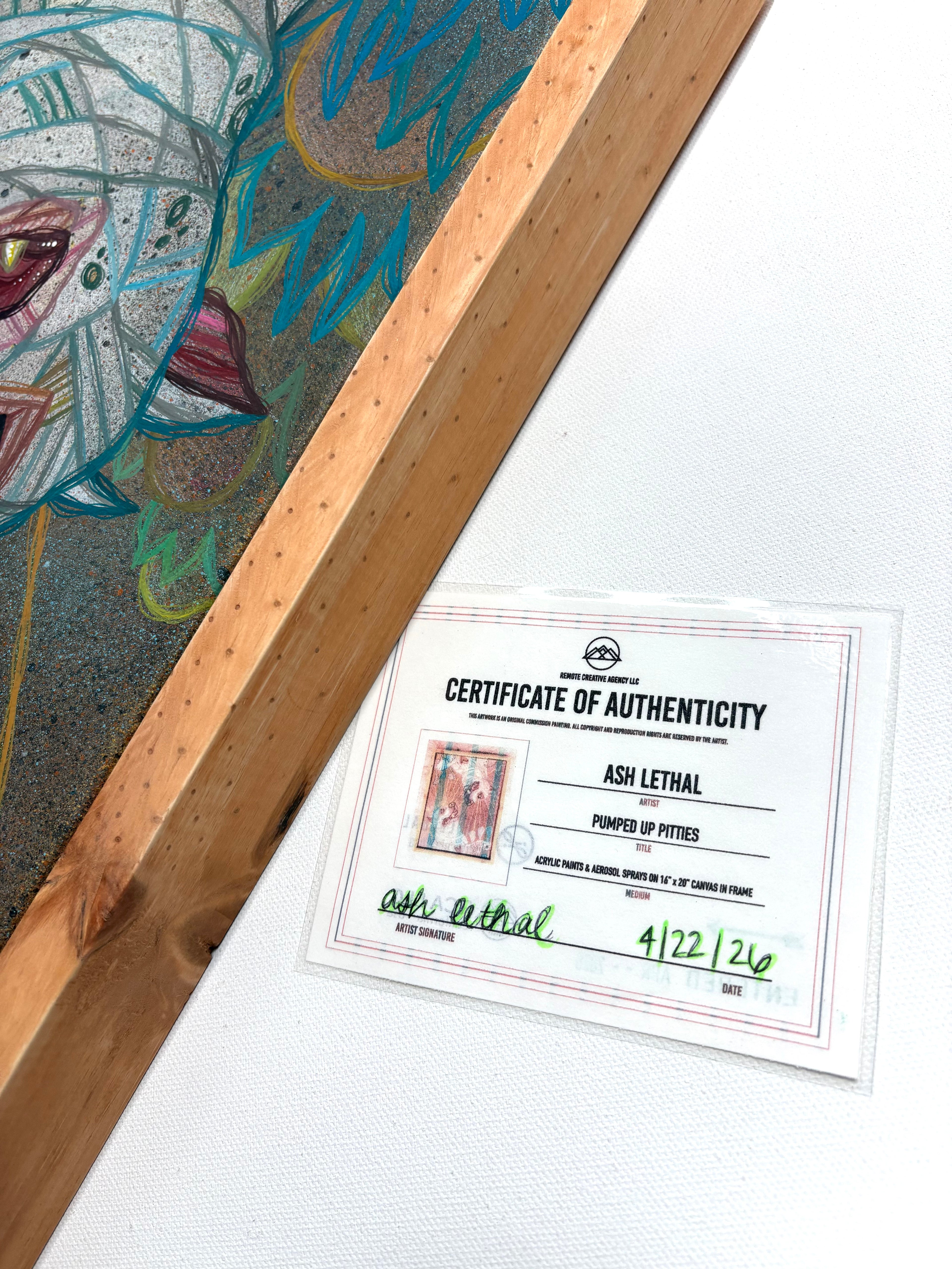 Framed artwork with a certificate of authenticity on a white background by ash lethal