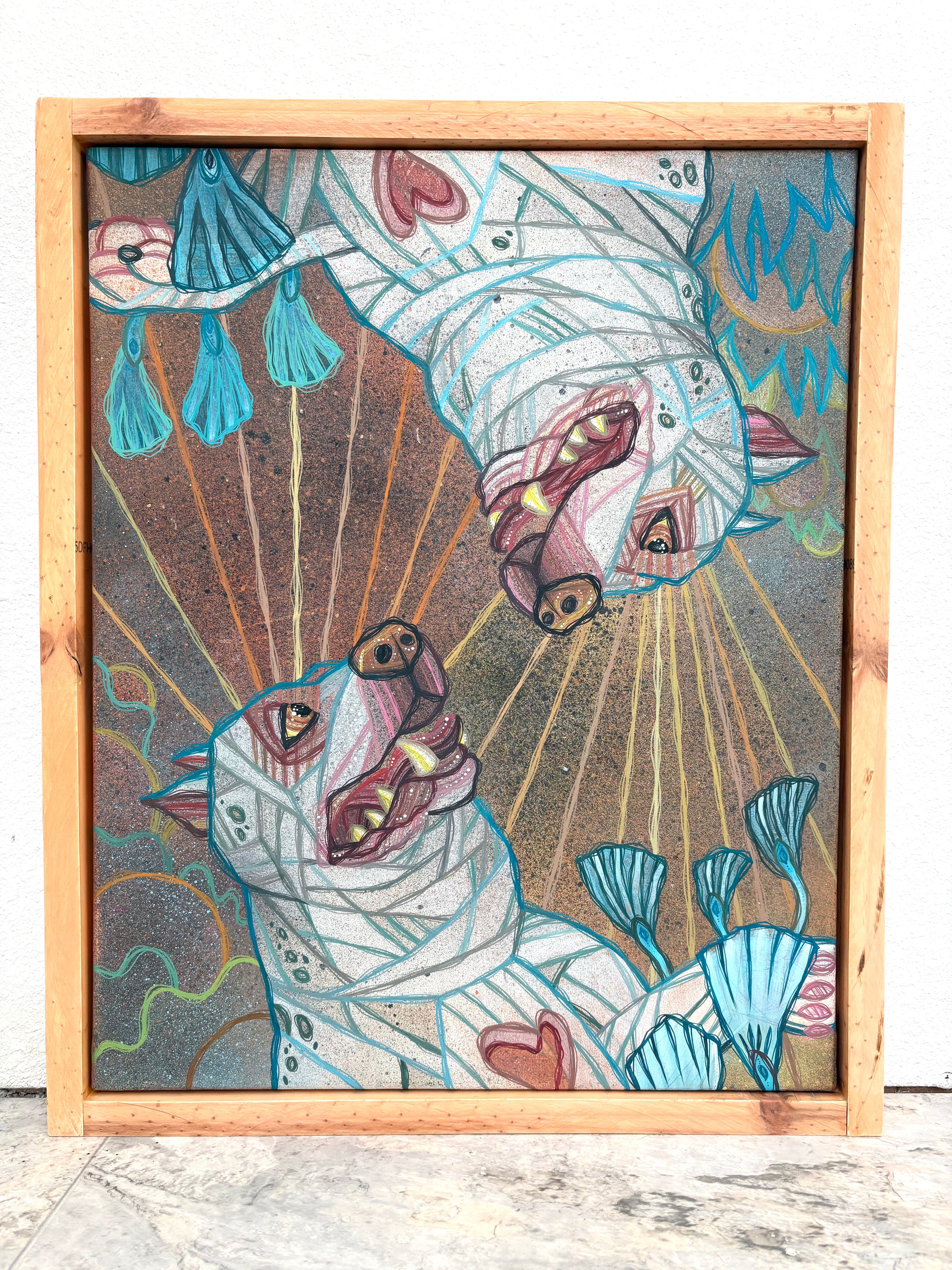 Colorful abstract artwork with dog-like creatures in a wooden frame.
