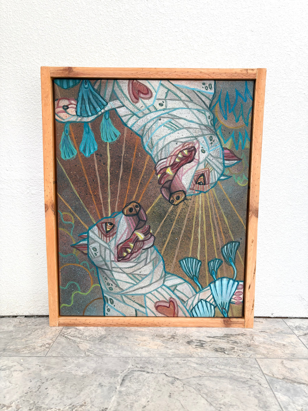 Framed artwork of surreal pit bull piggy dogs with surreal  patterns on a light gray background by ash lethal