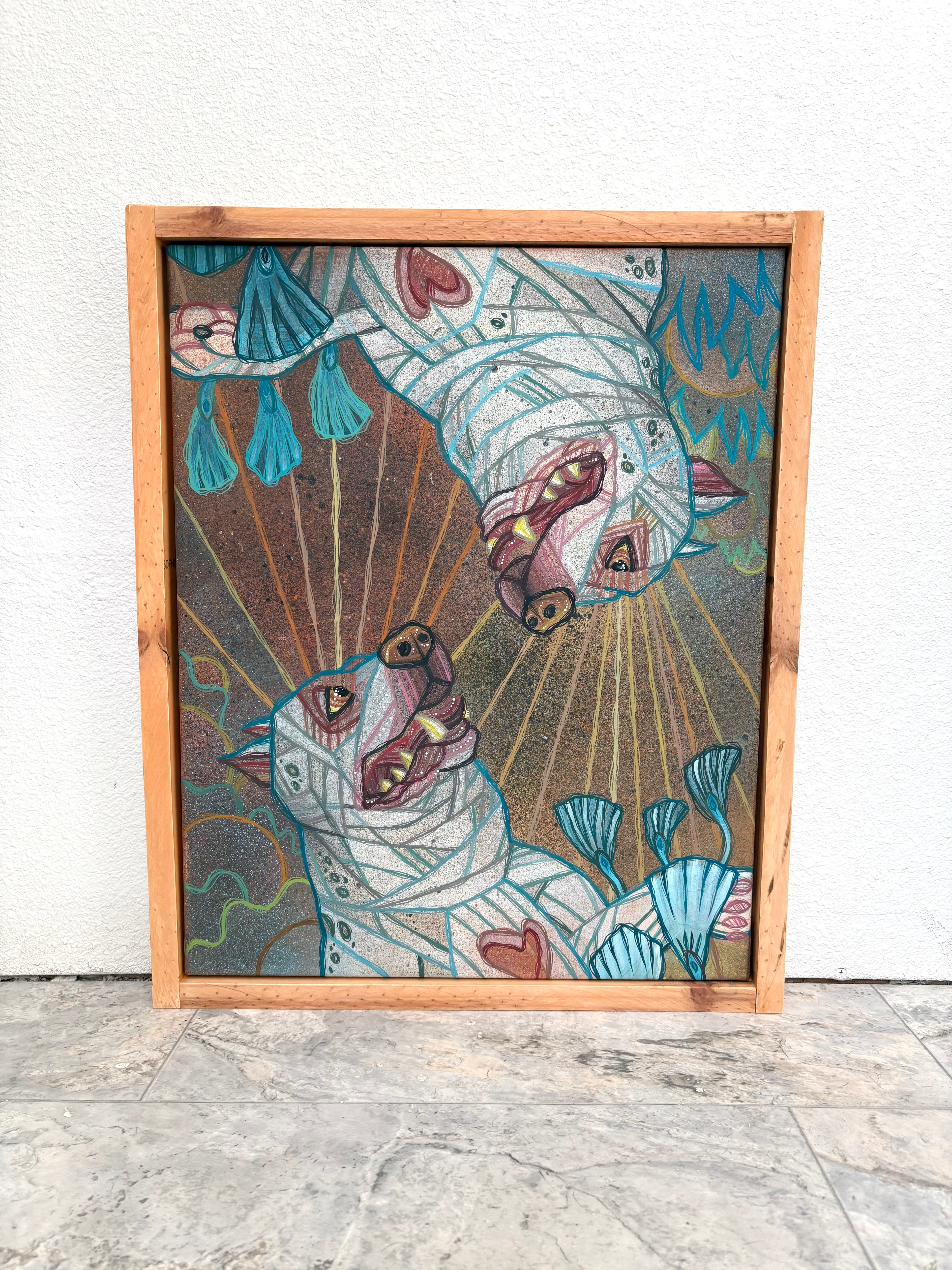 Framed artwork of surreal pit bull piggy dogs with surreal  patterns on a light gray background by ash lethal