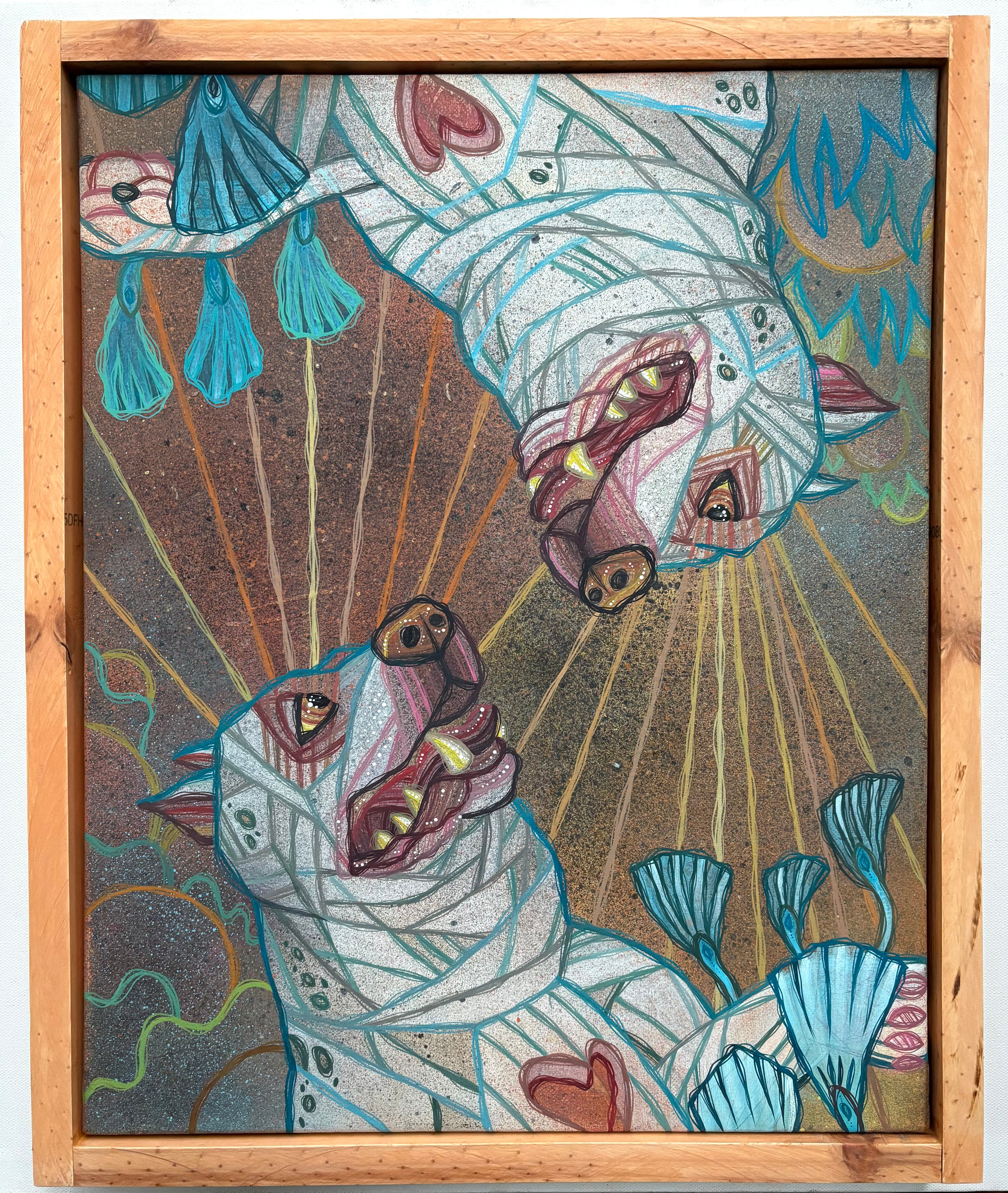 Framed artwork of a stylized animal dogs with abstract elements and a wooden frame